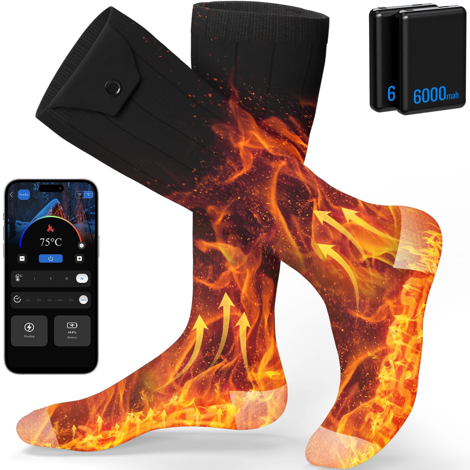 Heated Socks for Men Women, 6000mAh Rechargeable Electric Heated Socks with APP & Battery Dual Control & 4 Heat Levels, Machine Washable Foot Warmers with Laundry Bag for Skiing Hiking Camping