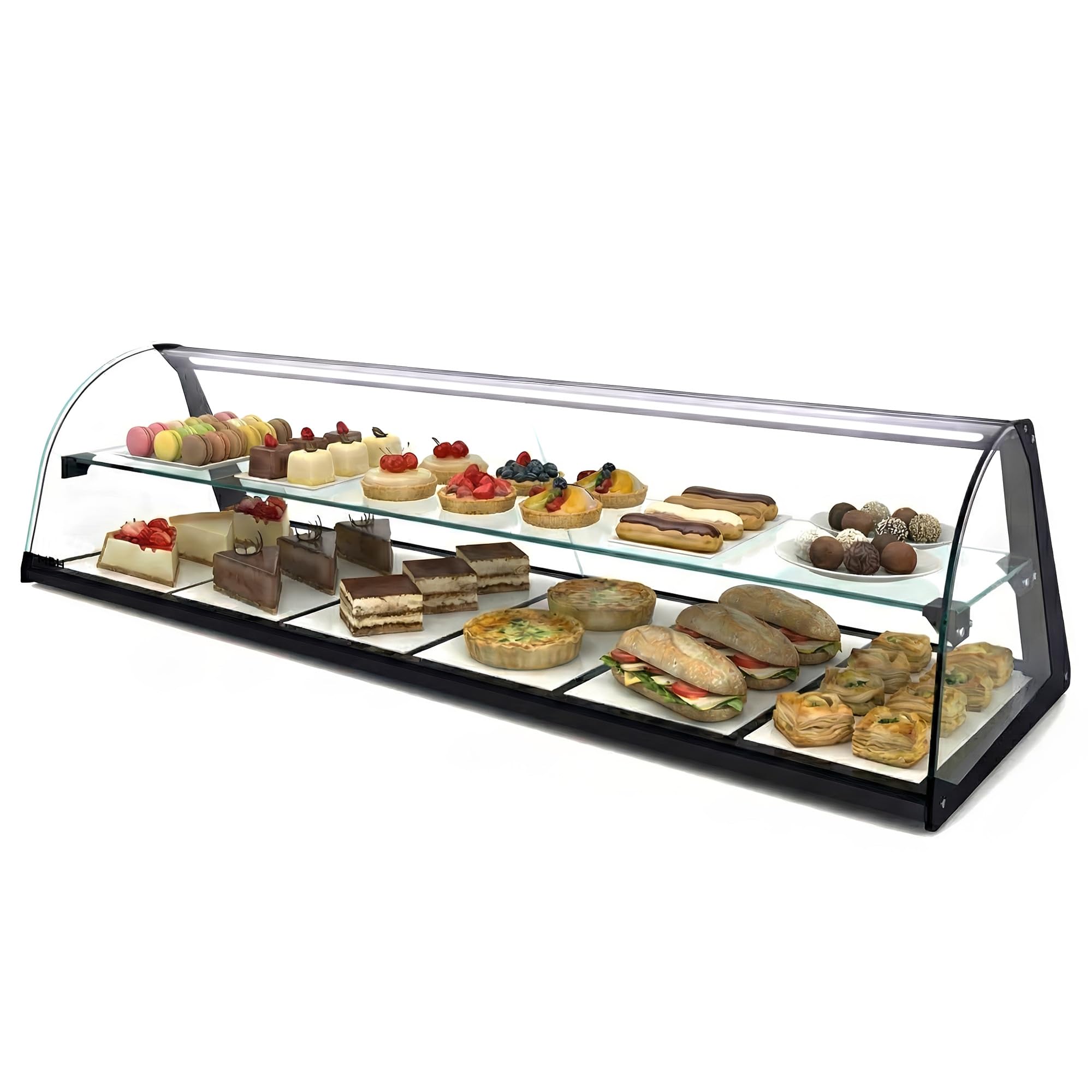 MBH - Neutrale Aufsatzvitrine 84 cm, gebogenes ESG-Sicherheitsglas, 2 Etagen, mit LED-Beleuchtung, mit rückseitigen Schiebetüren, für Bar, Café, Restaurant, Gebäck und Konditorei.
