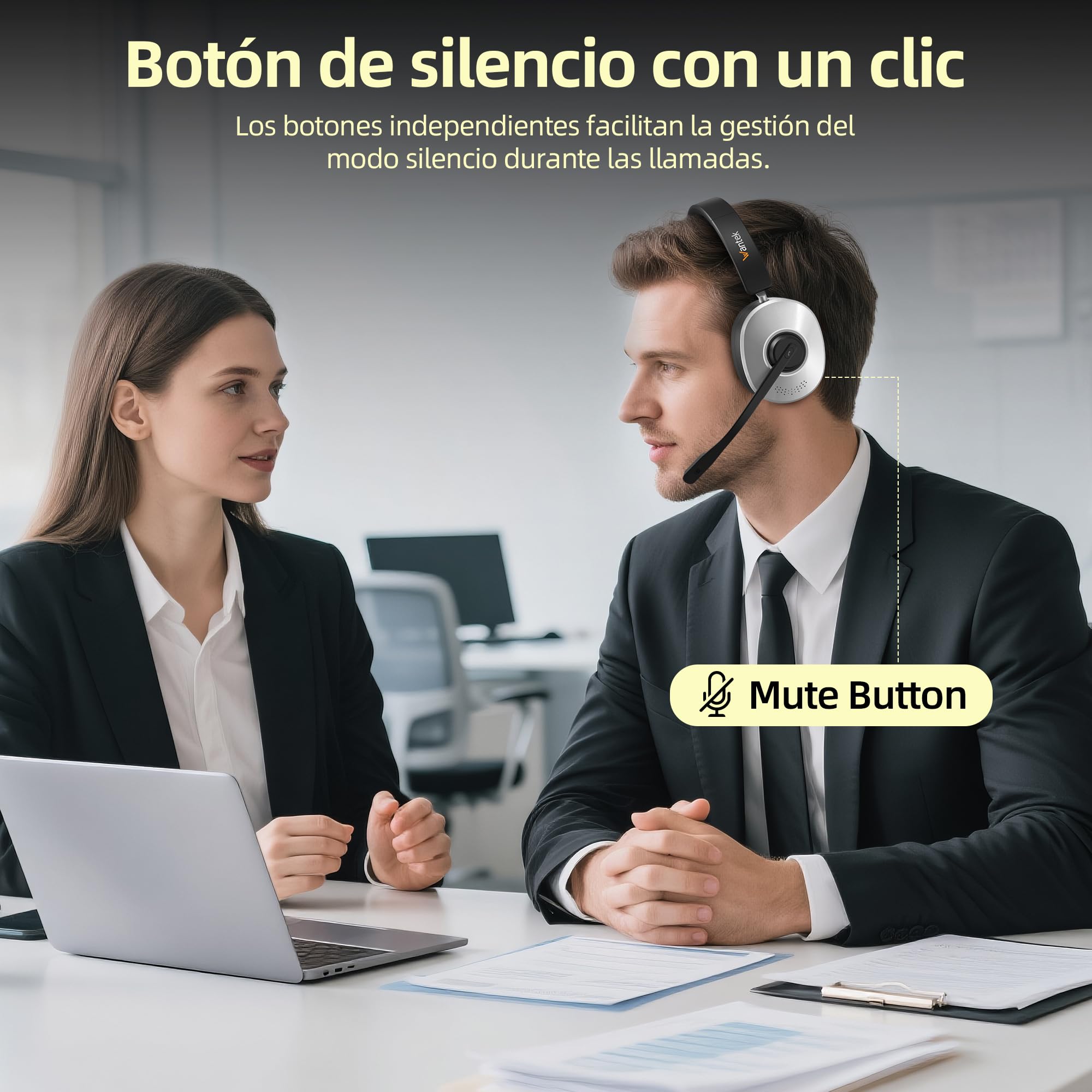 Wantek Auriculares inalámbricos Bluetooth con micrófono, estación de Carga, Dongle USB para PC Oficina Zoom Skype Laptop Centro de Llamadas