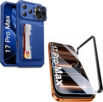 Vihibii for iPhone 17 Pro Max Case with Card Holder & Screen Protector [2 Pack] & Slide Camera Cover, Bulit-in HD Tempered Glass Film with Easy Installation Tool for iPhone 17 Pro Max, Royal Blue