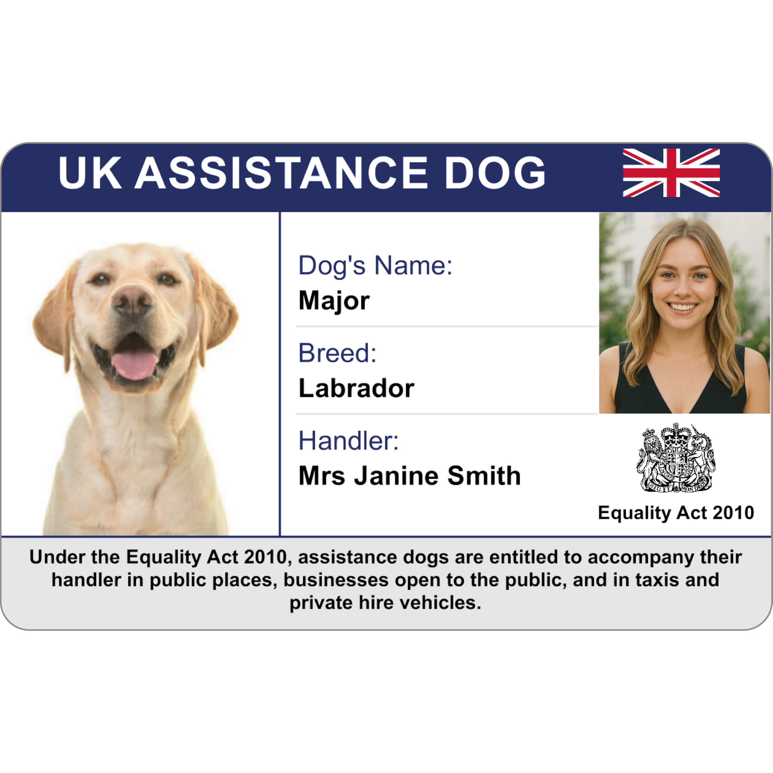 UK Assistance Dog Card & ID Card with Photo | Equality Act 2010 Access Card | Personalised Dog & Handler Details | CR80 PVC Card | Official Style Design