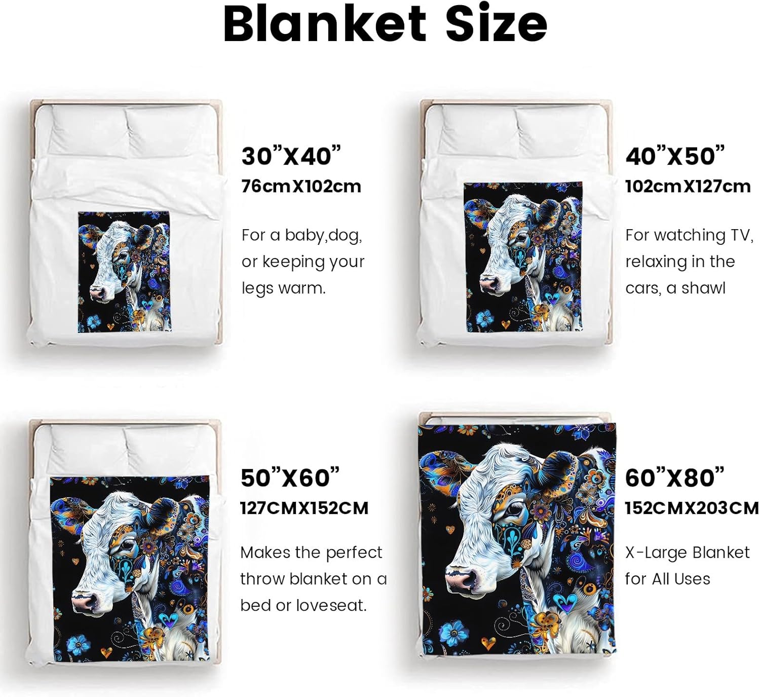 Cow Blanket Celadon Flowers Throw Blanket Gifts for Kids Baby Girls Boys Lightweight Soft Flannel Blanket for Sofa Bed Room Birthday Graduate Christmas Decor 50x60in