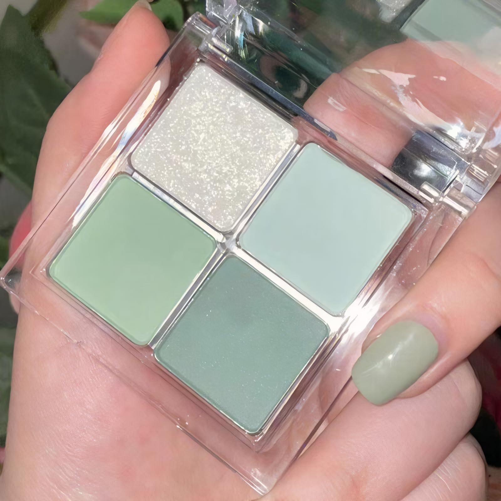 Lidschatten-Palette, matt, hellgrün, mit Glitzer, 4 Farben, wasserfest, mit Pigmenten aus Minze und Meerschaum, für Damen