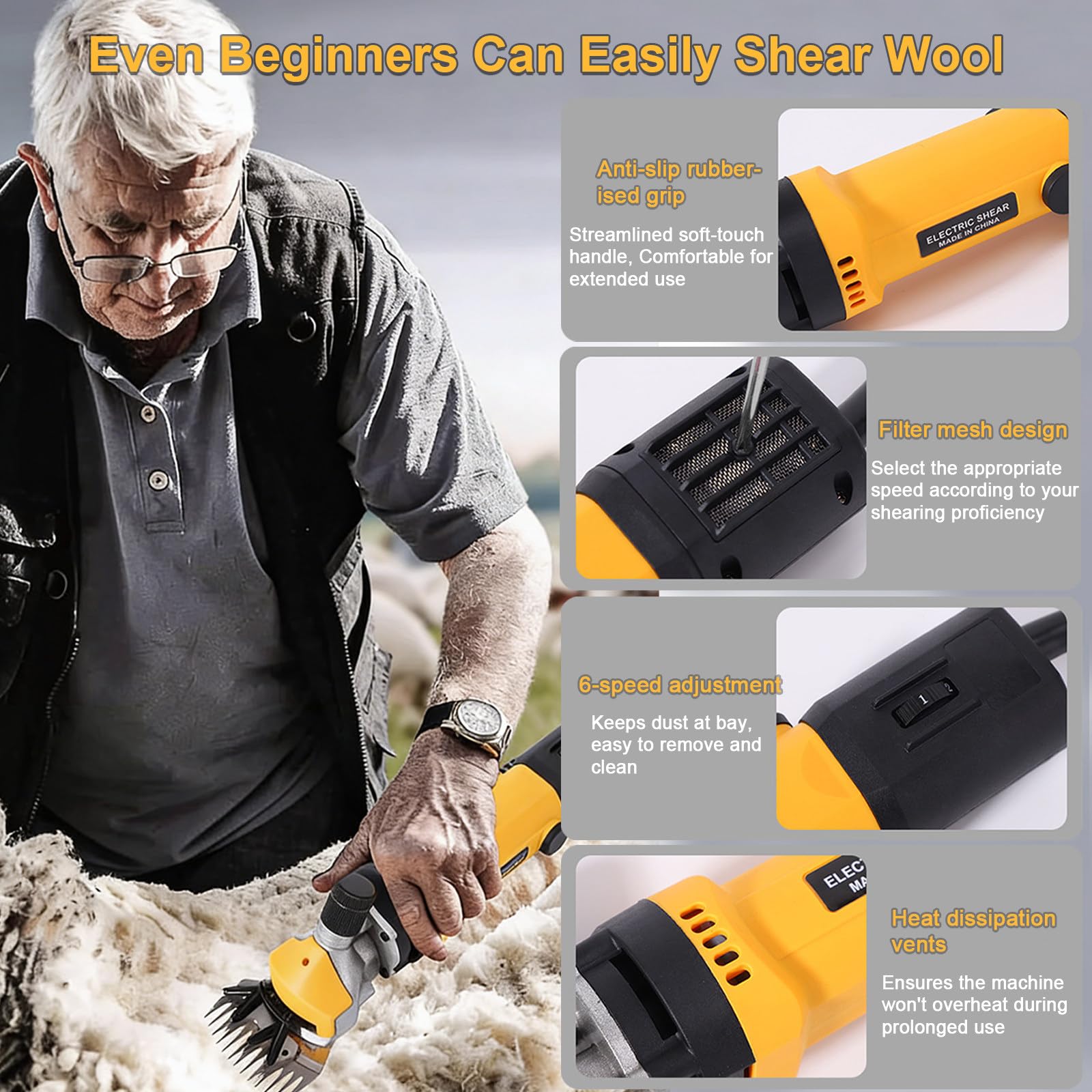 Tosatrice Elettrica per Pecore 850W - Tosatrice Compatta per Bestiame A 6 velocità con Lame A 9 E 13 Denti,per La Rasatura della Lana di Pecore,Capre,Alpaca E Bovini,3200 Giri/Min Yellow
