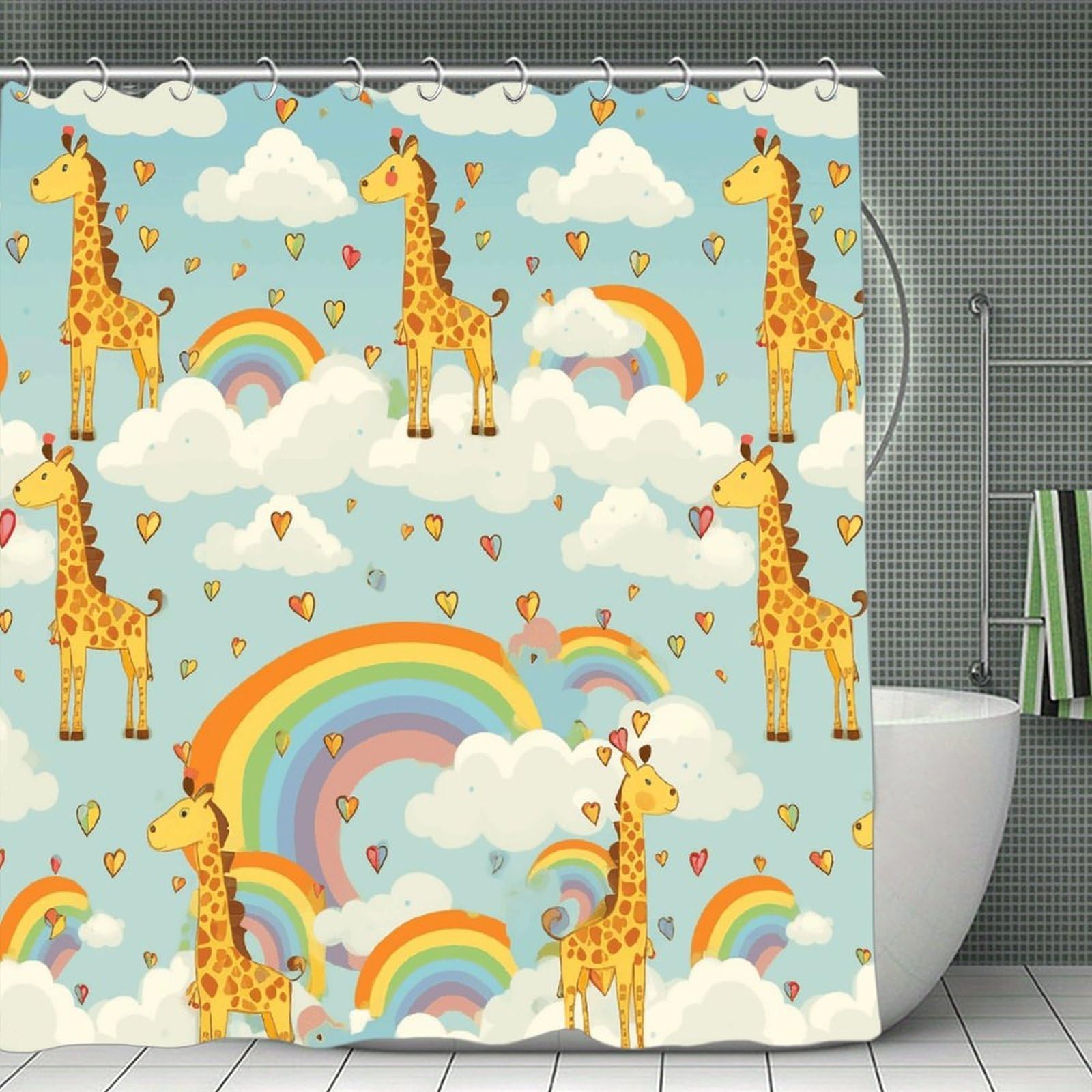 VstaDank Cartoon Giraffe Rainbow and Clouds Shower Curtain Waterproof Bath Curtain with Hooks Heavy Duty Long Curtains for Bathroom Showers Machine Washable Decor Bath Curtains 70.8×70.8Inch