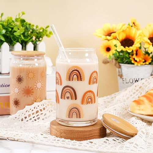 Miniatura 4 de Whaline Paquete de 6 vasos bohemios de 16 onzas con diseño de arco iris, sol, corazón, flores, taza retro Groovy Ice Coffee Cup con tapa de bambú,