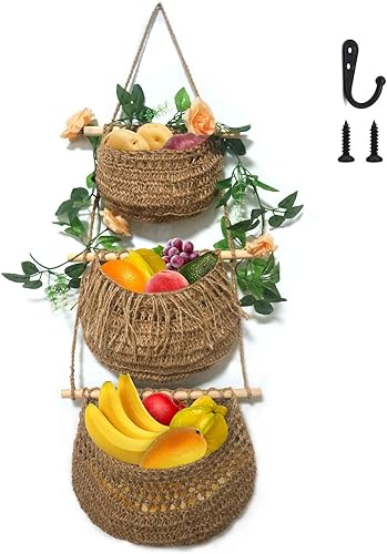 Miniatura 1 de Cestas de frutas colgantes para cocina, cestas de pared bohemias de 3 niveles hechas a mano para organizar y decorar sala de estar, dormitorio,
