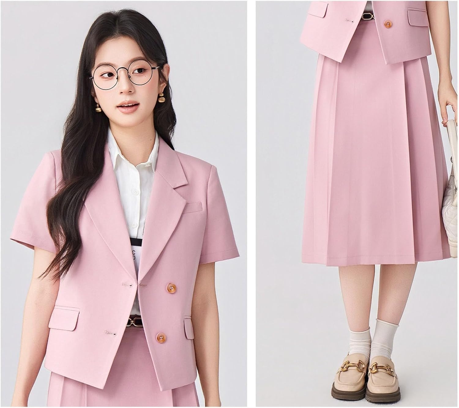 Women's Blazer with Pleated Skirt Set for Work Office Uniform