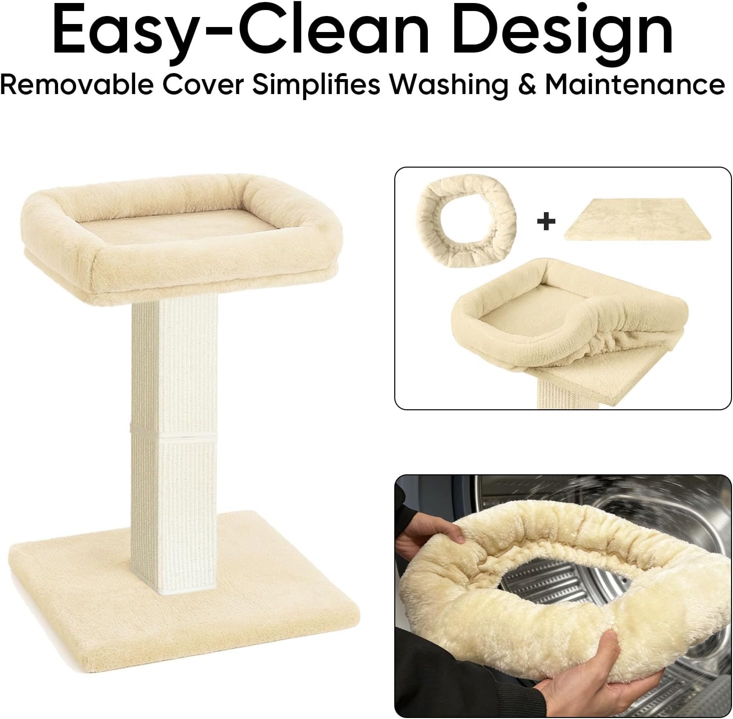 AGYM Cat Scratching Post, 32”Cat Scratcher with Large Plush Perch, Sisal & Carpet Scratching Post, Vertical Posts with Elevated Bed for Indoor Cats, Removable& Washable Cover, Beige