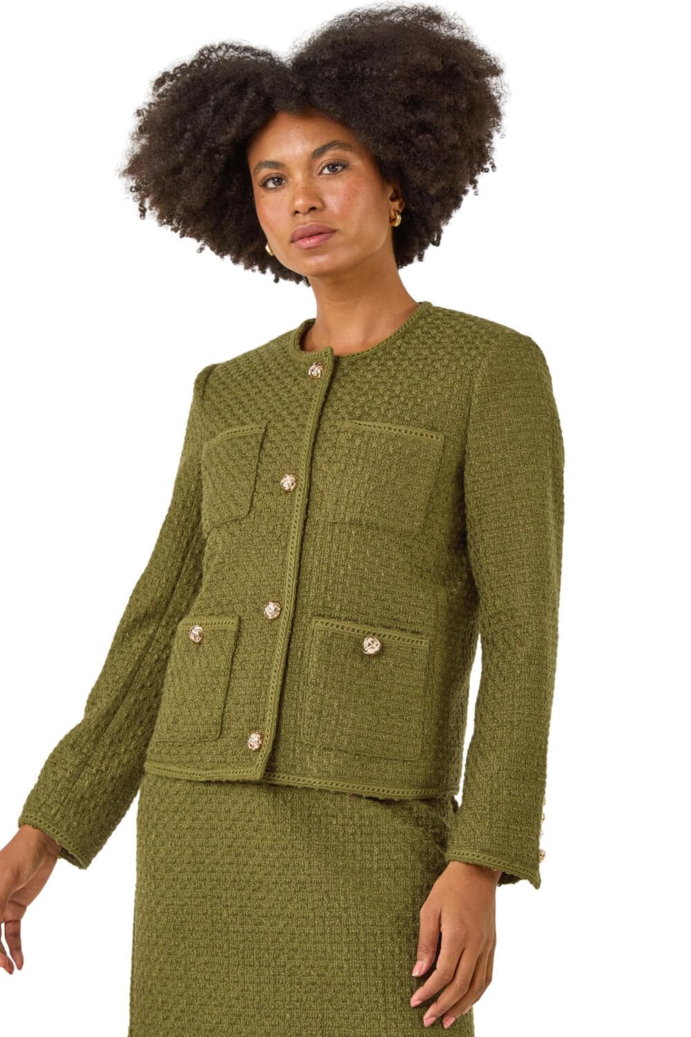 Roman Originals Women's Olive Collarless Boucle Button Jacket For Uk - Everyday Autumn Winter Round Neckline Comfy Soft Evening Vacation Work Party Night Out - Size 12