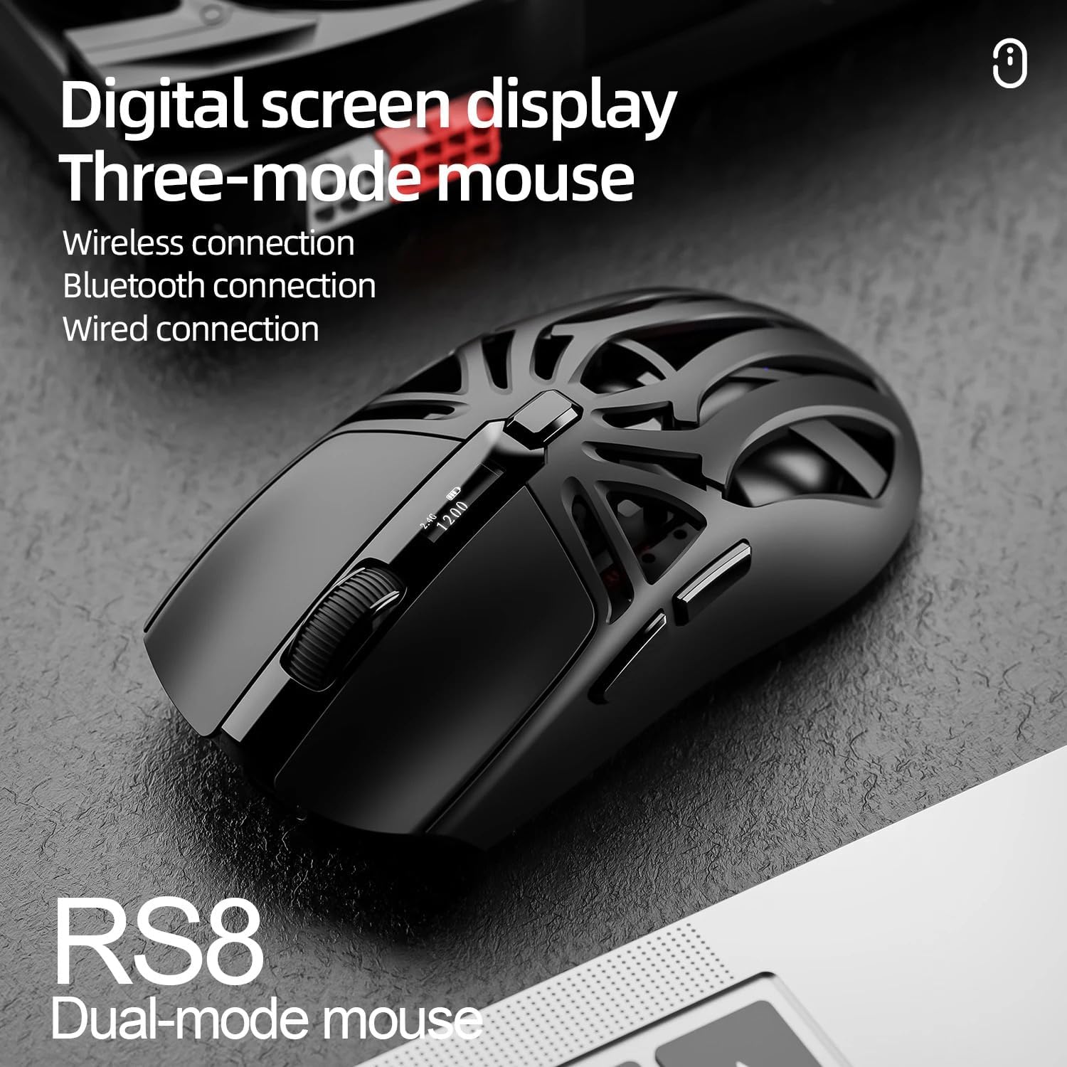 Lehlakore view of the SmailWolf RS8 gaming mouse showing the digital display with DPI settings and the overall ergonomic design.