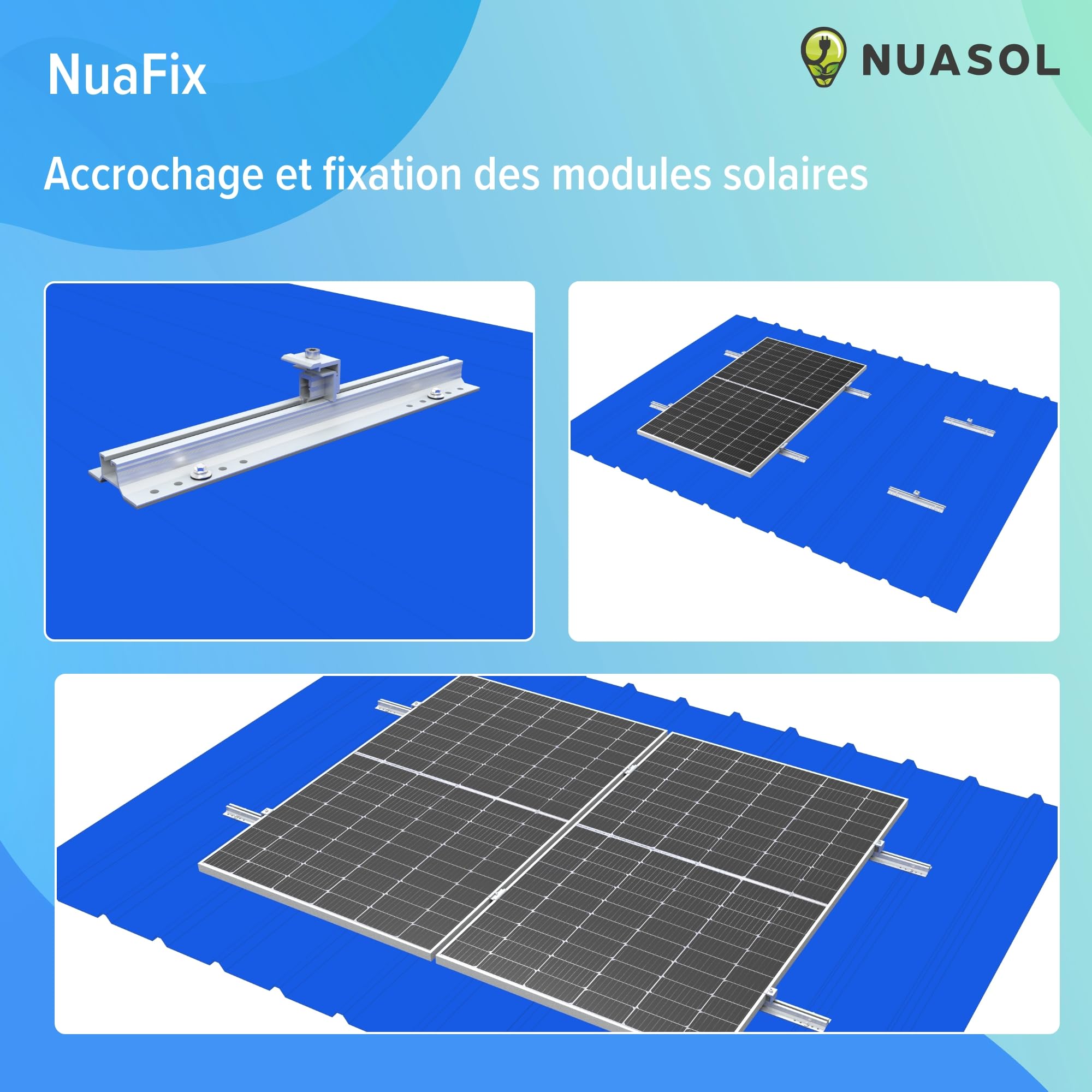 Kit de montage photovoltaïque pour toit en tôle trapézoïdale | Fixation pour 2 modules | Profil T 40 cm | Support avec pince d'extrémité et centrale, et vis