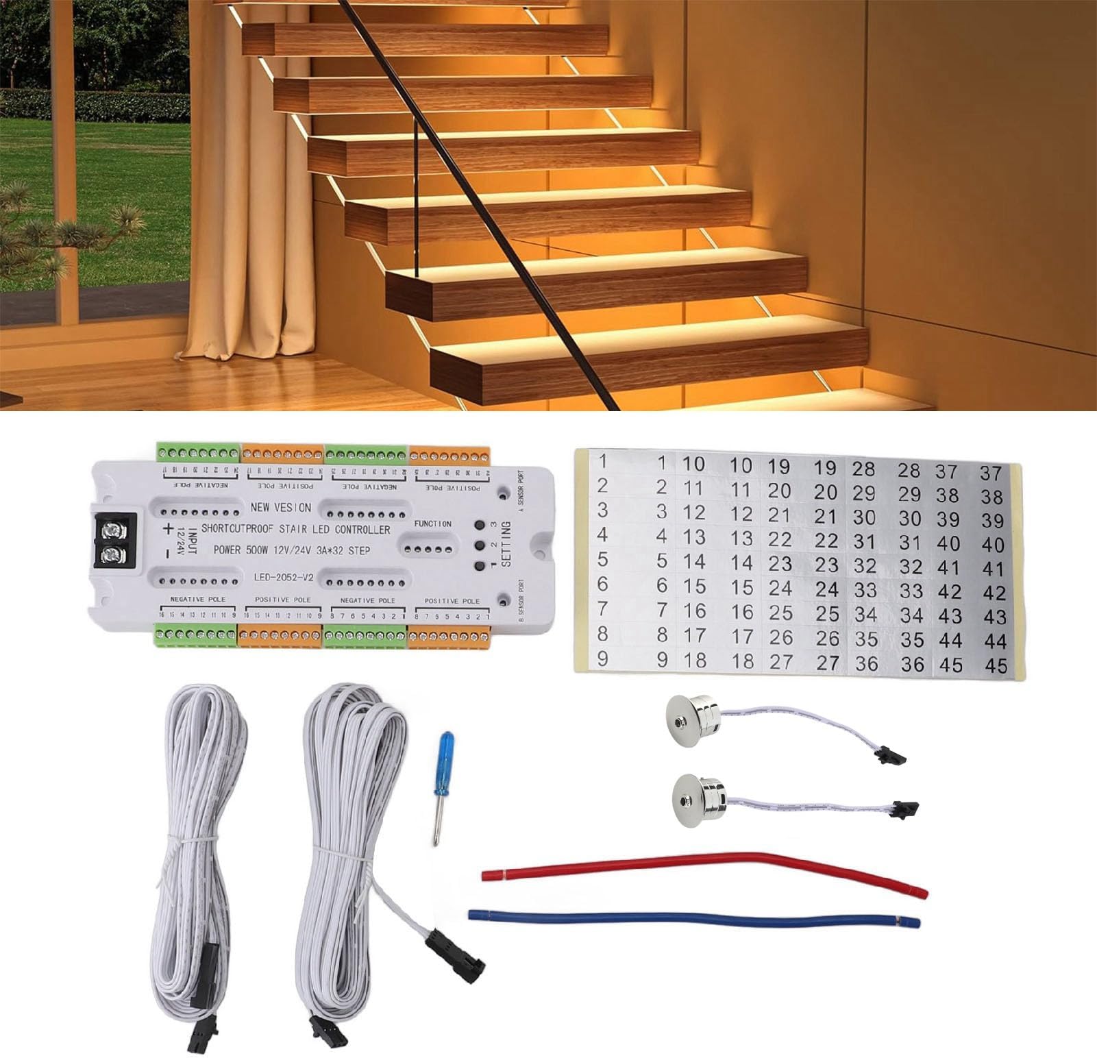 32 Channel Motion Sensor LED Stairs Light Controller, Stairs Lighting Controller 4 Speeds Adjustable, Automatic Step Stair Step Light Controller, Ladder