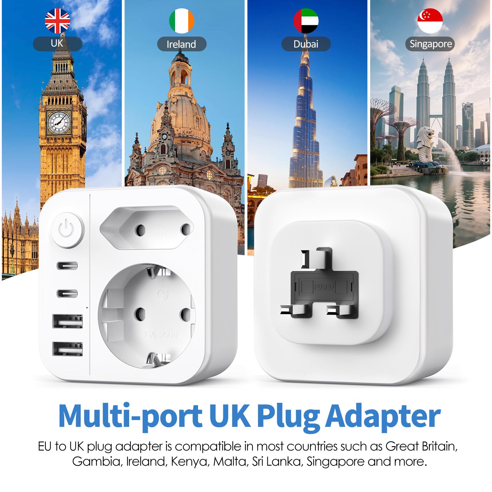 6 en 1 Adaptateur Prise Anglaise UK,3250W Adaptateur de Voyage UK avec 2 Prises,2 USB,2 Type-C,Adaptateur Type G pour Irlande Dubaï Malaisie Maldives Angleterre