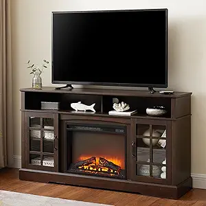 58'' Fireplace TV Stand for Television up to 65", Entertainment Center with Storage Cabinet, 23'' Detachable Electric Fireplace with Remote&Adjustable Warmth for Living Room/Bedroom, Espresso