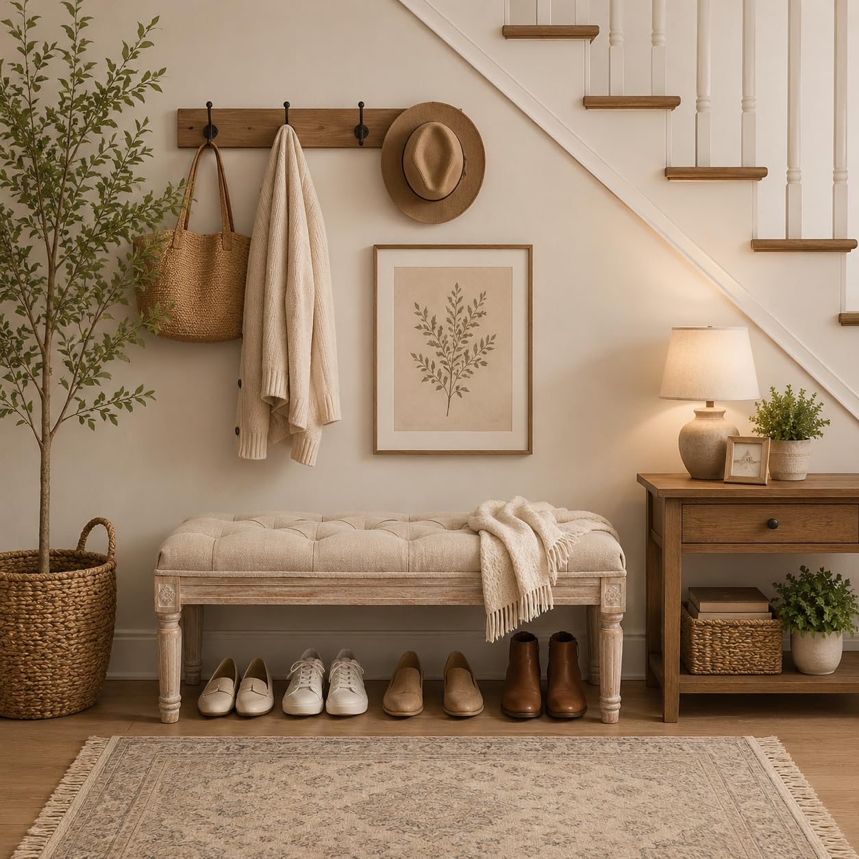 chairus Fabric Entryway Bench with Button Tufted Seat and Rustic Wood Legs
