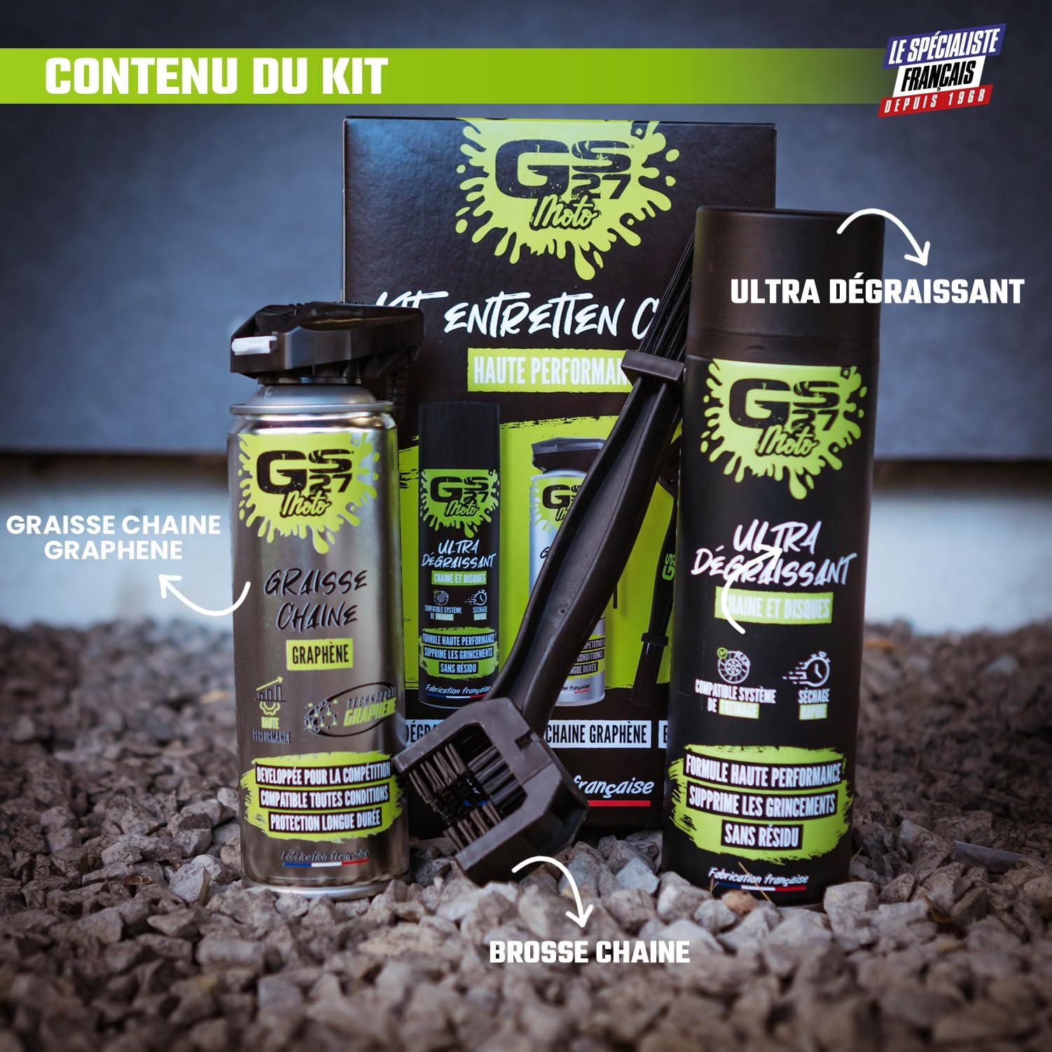 GS27 - Kit Entretien Chaine GS27 Moto - Haute Perfromance - 1 Ultra Dégraissant / 1 Graisse Graphène / 1 Brosse Chaine