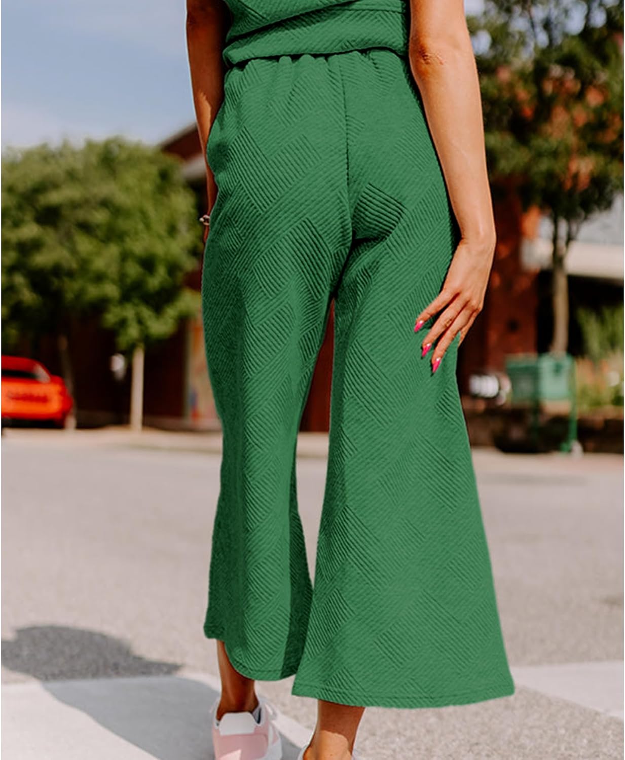 Women's 2 Piece Outfits Textured Sweatsuit 3/4 Batwing Sleeve Crew Neck Pullover Top Wide Leg Pant Tracksuit Set - Image 3