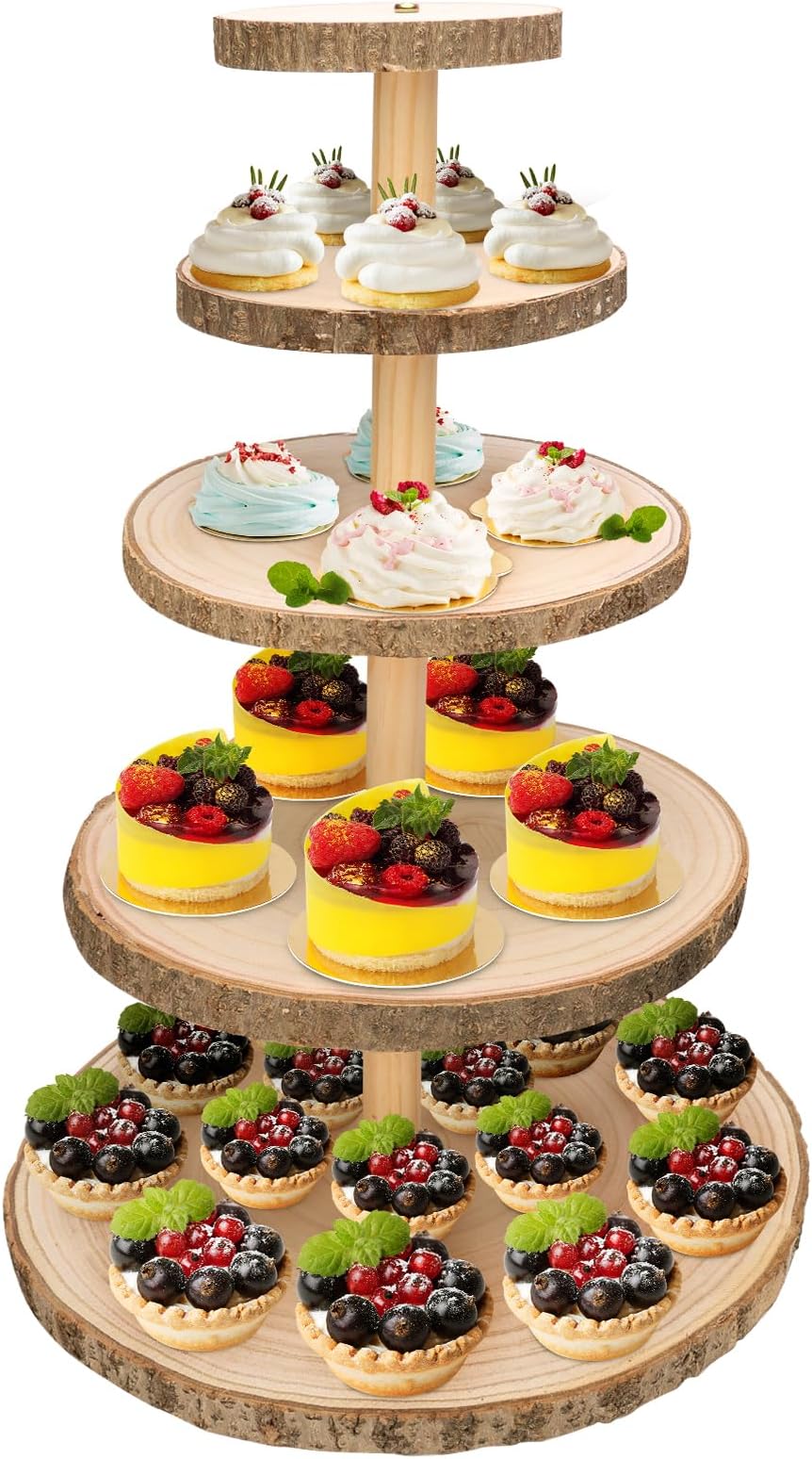 Ayfjovs 5 Tiered Wooden Cupcake Stand, Rustic Wood Cake Stand, Dessert Display Stand, Detachable Large Wood Slices Round Cupcake Tower Holder for Party and Rustic Wedding Decoration
