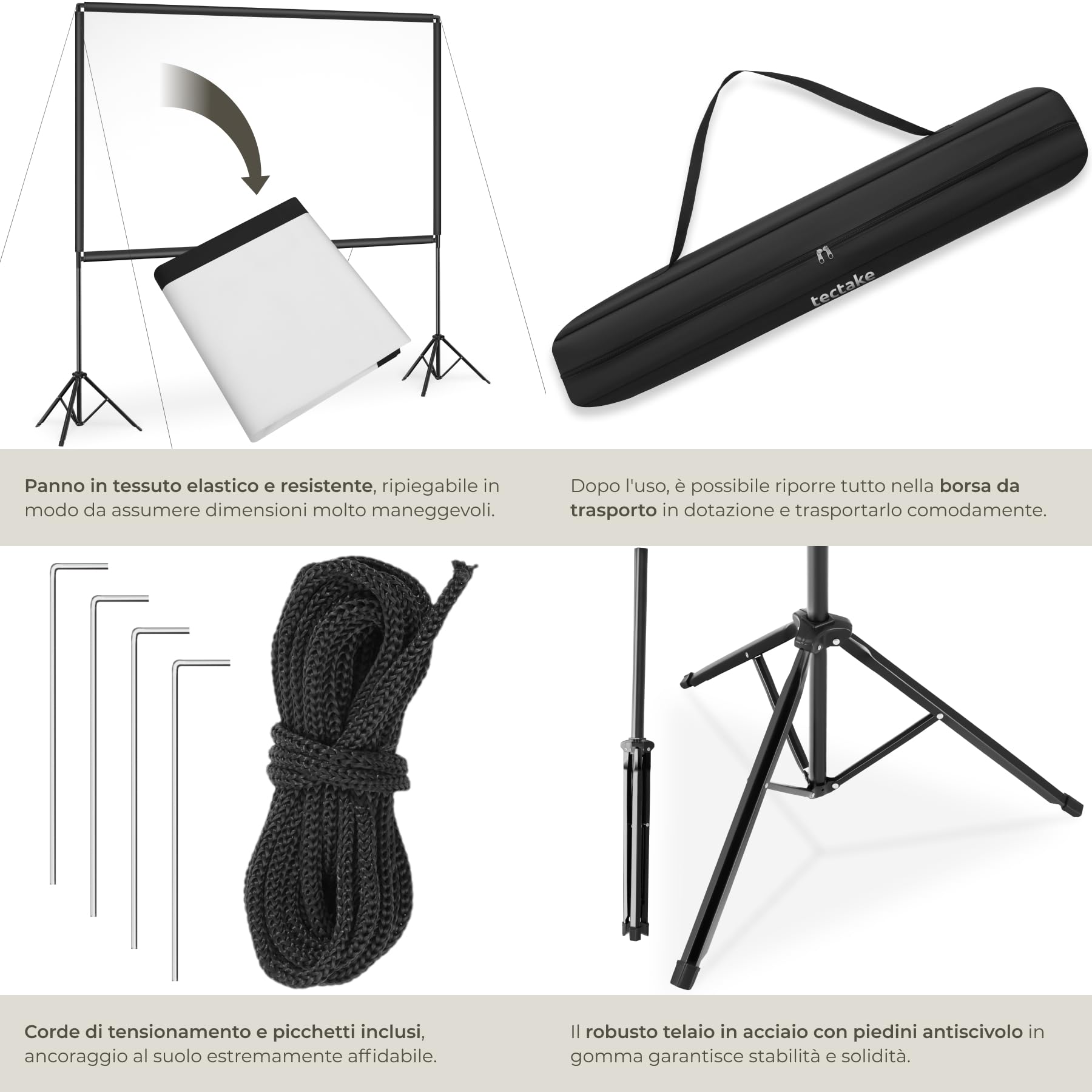 tectake® Telo Proiettore con Treppiede Pieghevoli 16:9 4K HD, 265 x 150 cm, 120", Schermo Proiettore, Borsa Trasporto, Schermo Portatile Cinema Home Theatre telo per proiettore per casa ufficio scuola