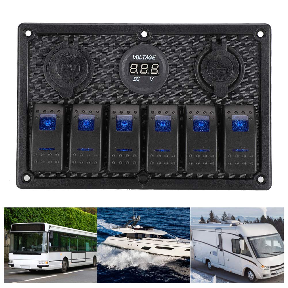 Naroote 6 Gang Rocker Switch Panel, Wodoszczelny Panel Przełączników, | Trwały, z okablowaniem ułatwiającym instalację, kompatybilny z napięciem 12 V–24 V, zawiera dwa porty USB
