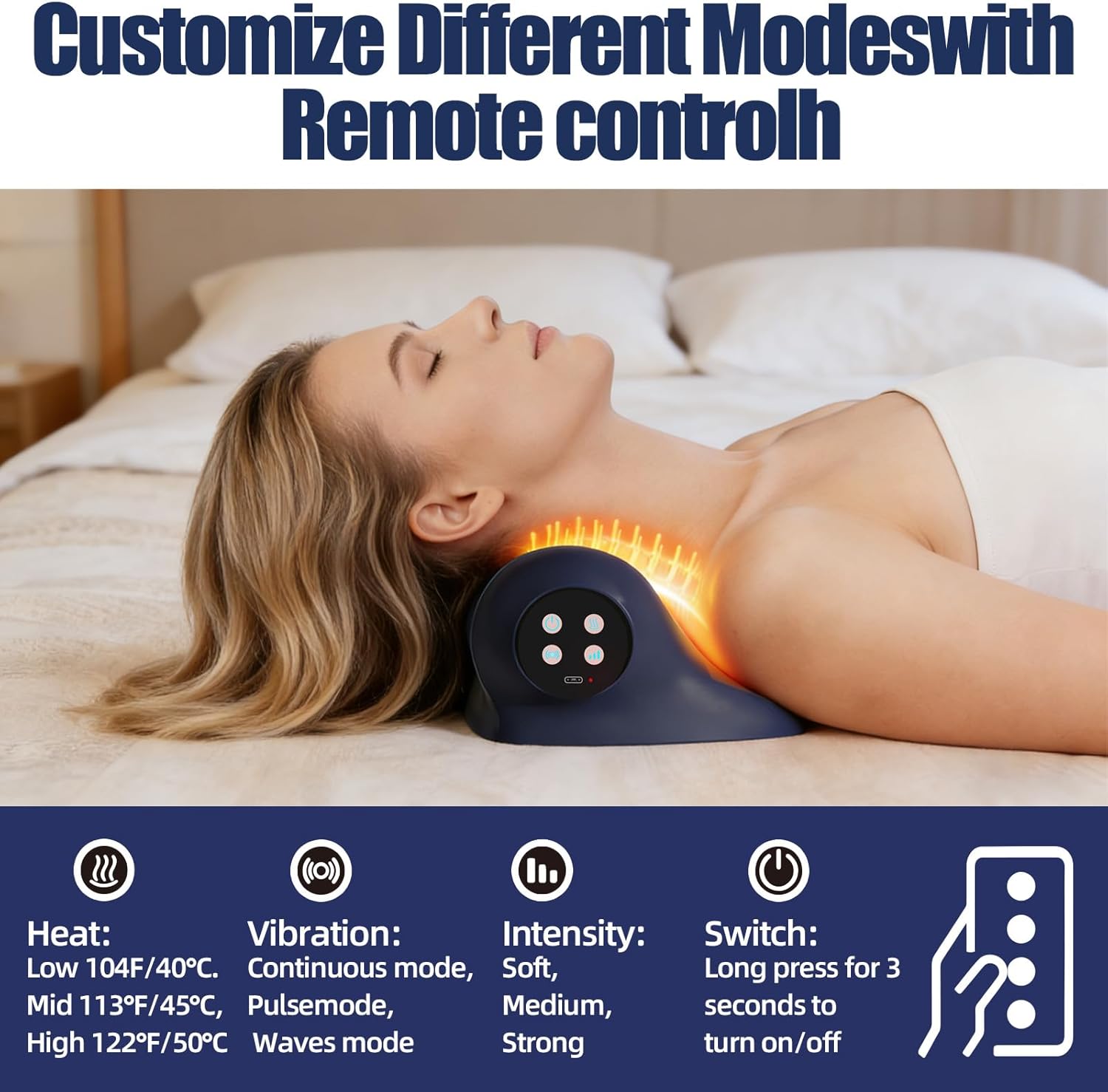 Neck Massager with Heat, Neck and Shoulder Relaxer, Cervical Spine Alignment for Pain Relief Heated Neck Stretcher with 3 Modes, 3-in-1 Wireless Electric Shoulder Massage with 2000mAH (Blue)