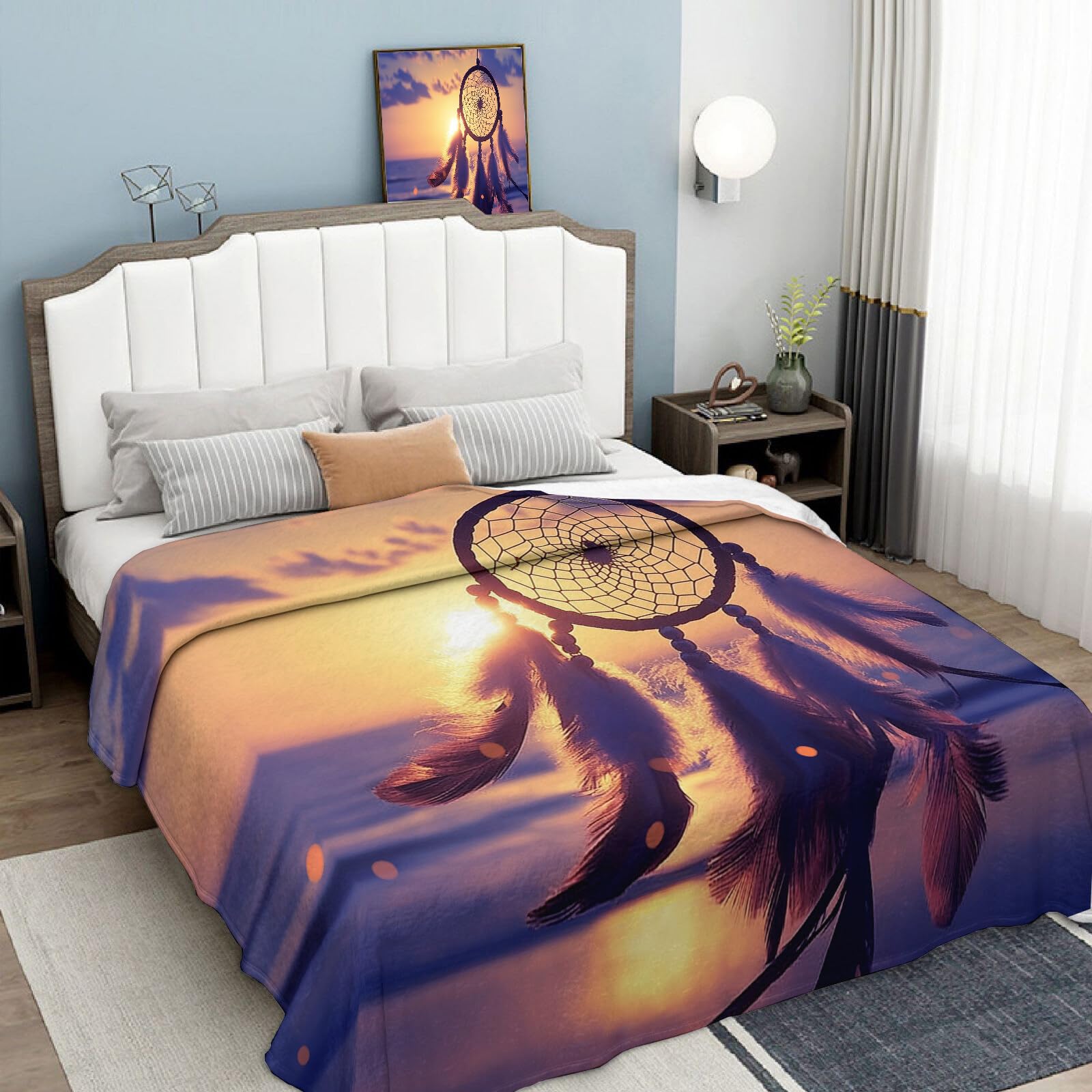 Manta Franela para Cama,Manta para Sofá Naranja-Azul Atrapasueños del Océano 220X240Cm Suaves Microfibra Grande Flannel Blanket,Paisaje De Luz Y Sombra Estampado Manta Invierno Calentitas