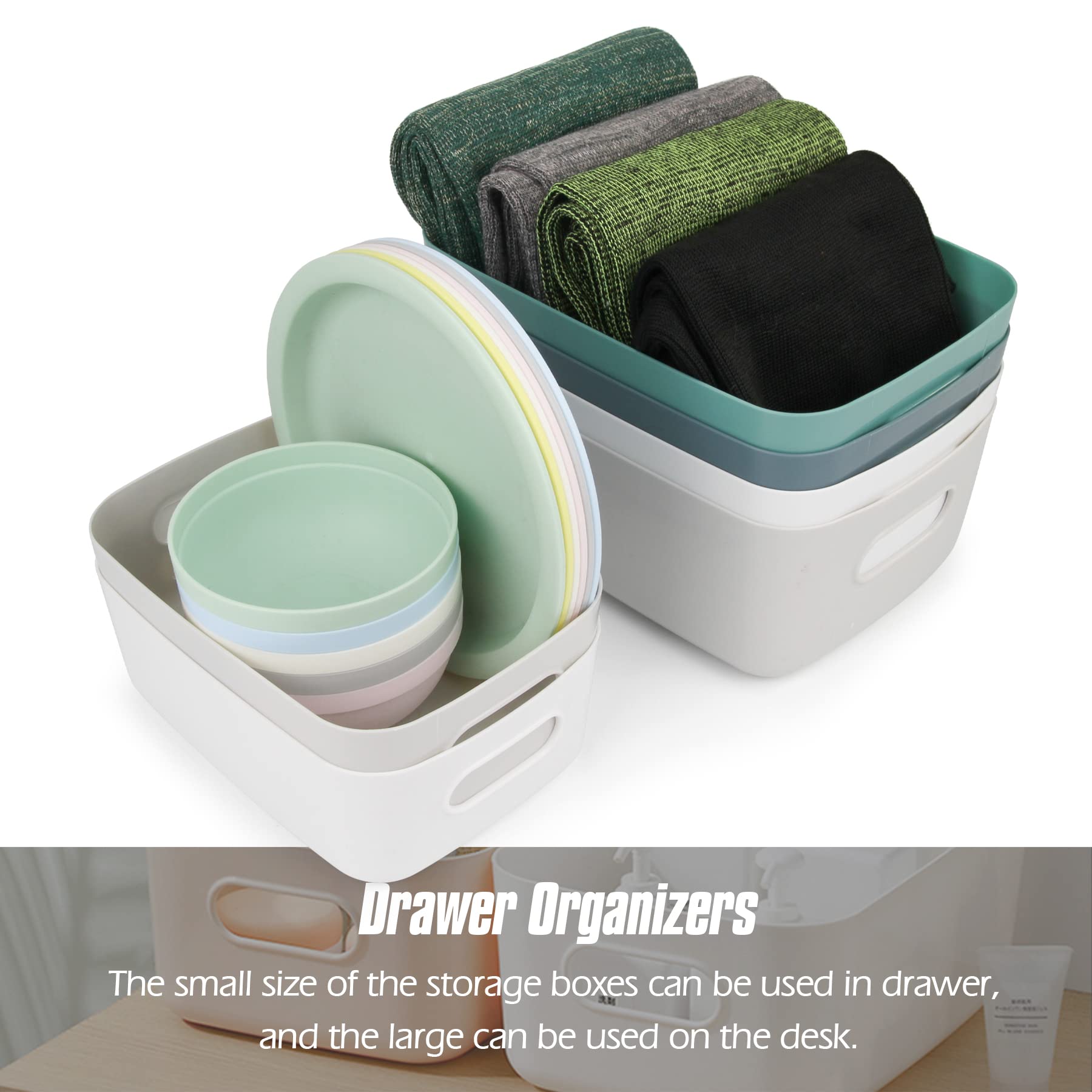 Spesh 6 cestini portaoggetti in plastica per armadietti, per cucina, bagno e mensole (blu, verde, bianco, grigio)