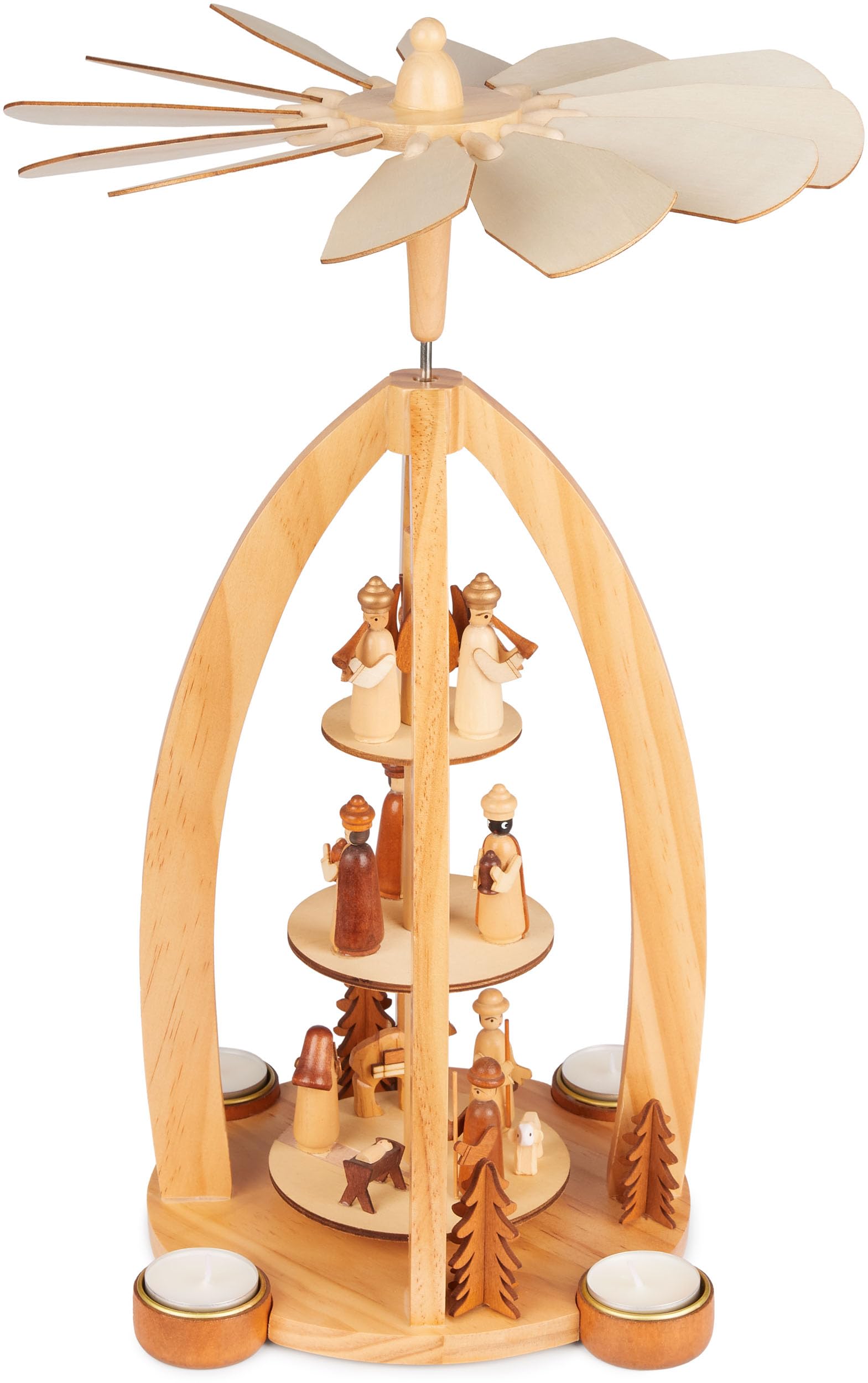 BRUBAKER Pirámide Navideña de Madera - Ángeles, Jesús, María, José y Reyes - Portavelas Redondo de 44 cm con 4 Velas para Navidad - Pintada a Mano con Hermosos Detalles Tradicionales - Marrón