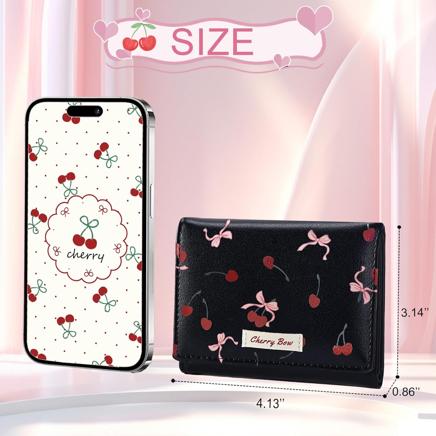 Sunwel Fashion Girls Cute Cherry Print Coquette Bow Wallet Small Wallet Card Holder ID Window for Women (BLACK) - Image 3