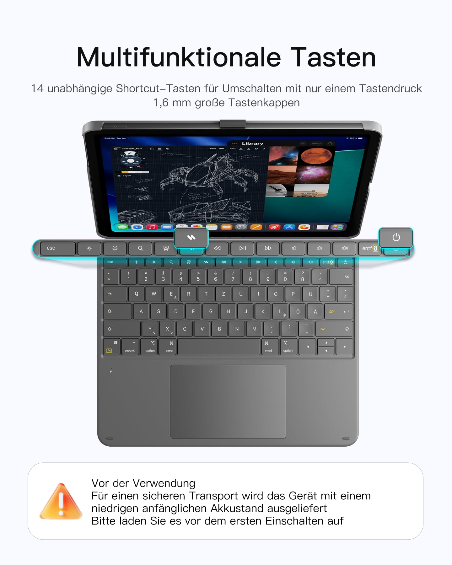 Inateck Tastatur Hülle für iPad Air 13 Zoll (2026/2025/2024,M4/M3/M2),Tastatur für ipad Pro 12.9 Zoll,6" Großes Trackpad,Abnehmbar,QWERTZ,7 Farben Hinterleuchtet,mit Stifthalter,AceTouch