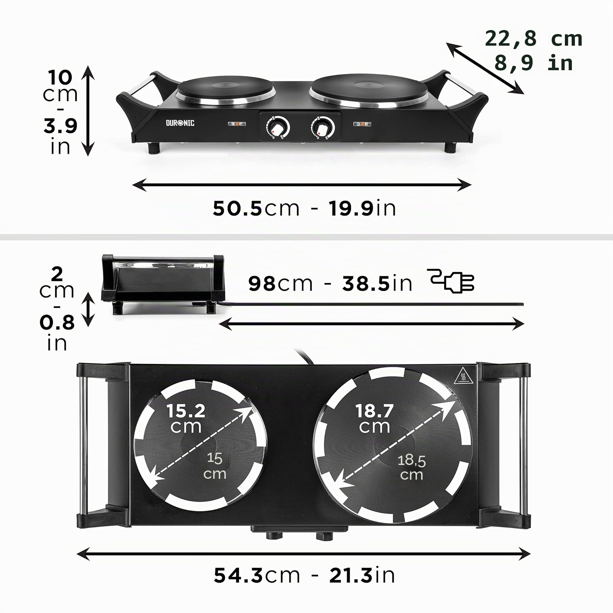 Duronic HP2 BK Herdplatte, Campingkocher mit 2 Kochfelder, Elektro Kochplatte für Camping, Büro, oder Küche, Doppelkochplatte mit stufenloser Temperatureinstellung, Doppel Kochplatte 2400 Watt