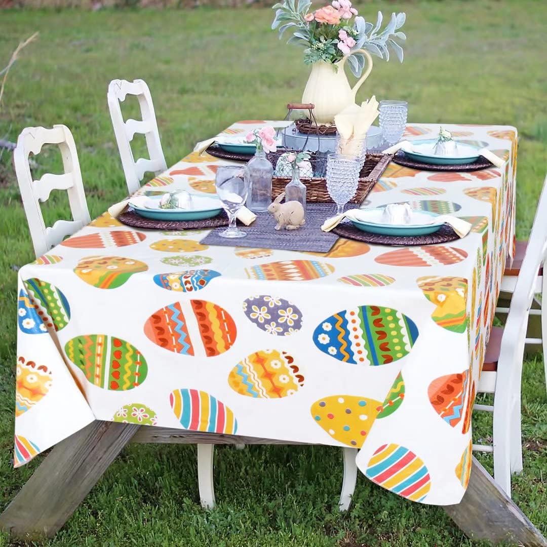Fitable Easter Rectangle Table Cloth - 60x84 Inch Waterproof Colorful Egg Pattern Tablecloth Vinyl Wipe Clean Table Cover for Dining Table, Easter Dinner, Kitchen, Holiday Party Table Decor