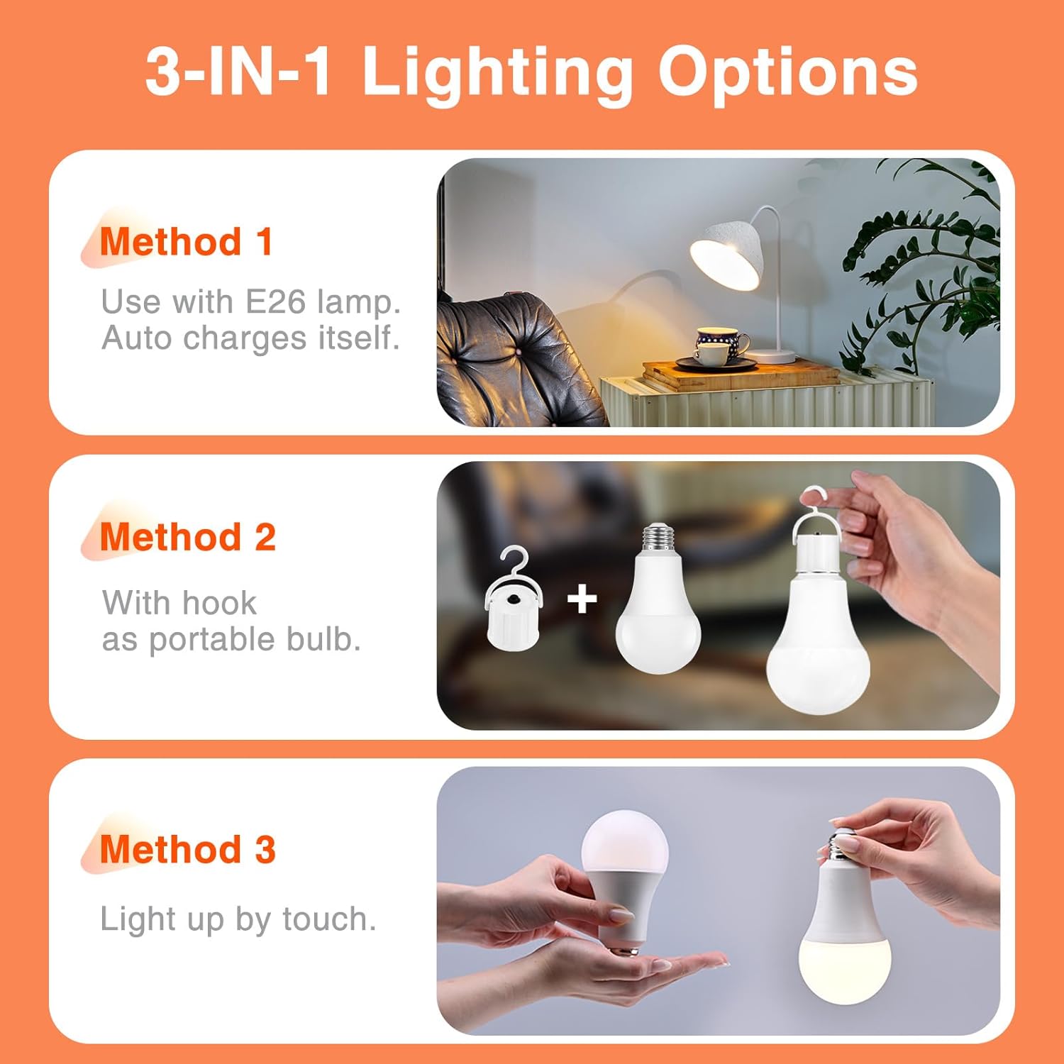 SYLVANIA LED Rechargeable Light Bulbs, A21 Battery Operated Light Bulb, 60W = 7.3W, Indoor/Outdoor Emergency Light Bulbs, 800 LMS, 3000K, Soft White, Hanging Accessories Included - 4 Pack (42687)