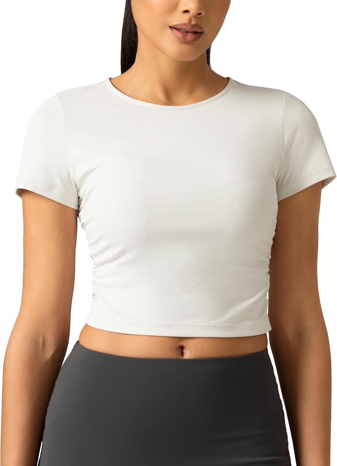 Colorfulkoala Workout Crop Tops for Women Short Sleeve Slim Fitted Basic Tees Crew Neck Ruched Casual Yoga T Shirts