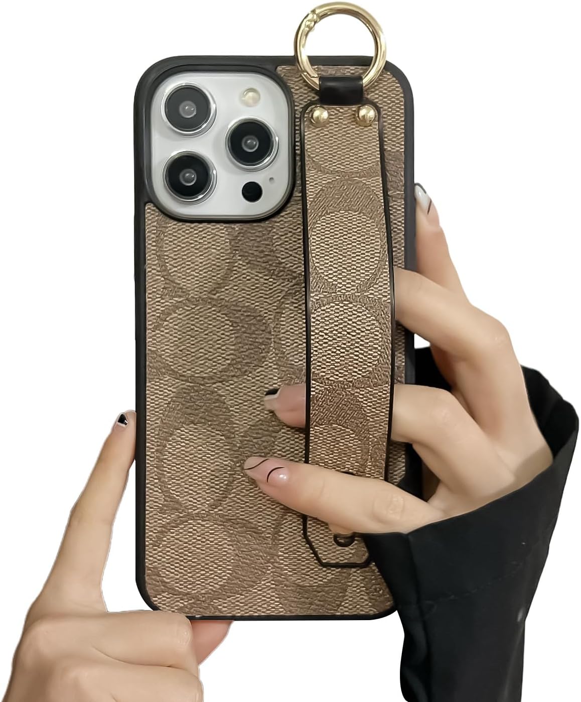 Case for iPhone 15 Pro Max with Ring Holder,Designer Textured Leather Pattern with Wrist Strap,Shockproo Protective Tough Cover Compatible with iPhone 15 Pro Max 6.7Inch(Brown)
