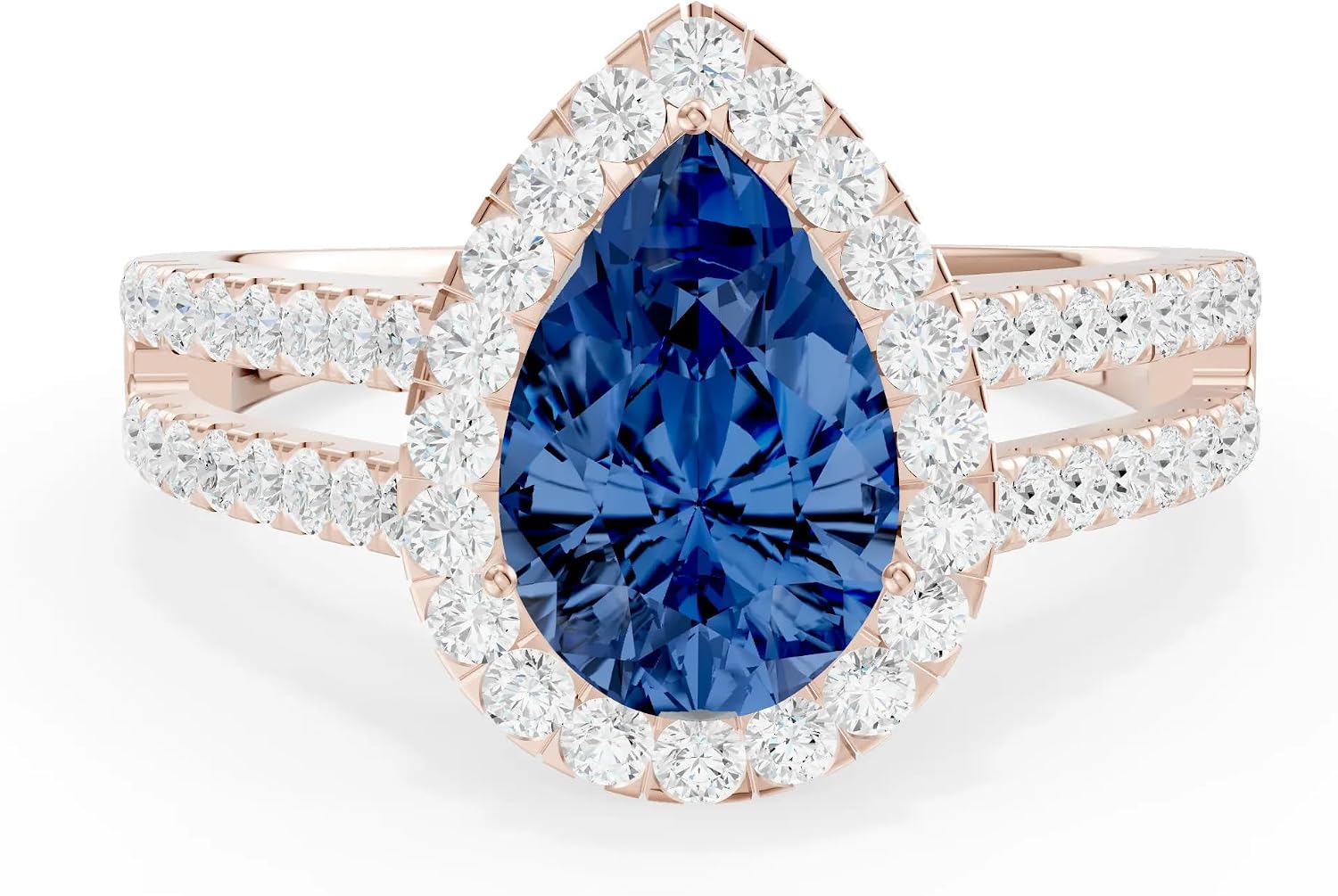 PEORA Pear Shape Cut Blue Sapphire Halo Band Available in Solid 10K, 14K or 18K Ring – White, Yellow or Rose Gold