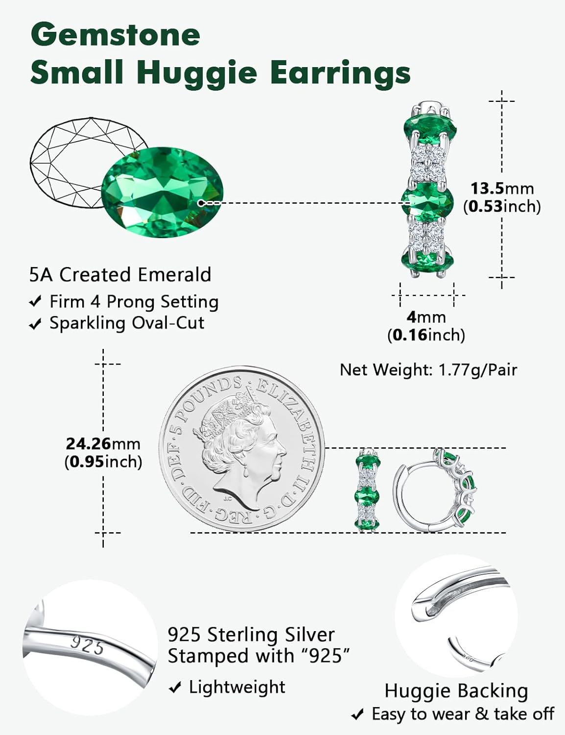 Small Hoop Earrings for Women Hypoallergenic 925 Sterling Silver 13.5mm Thick Huggie Earrings Hoops Created Gemstone Diamond Birthstone Wedding Earrings - Image 6