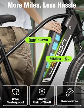 Jasion Roamer Electric Bike for Adults, 26'' Commuter Ebike 1200W Adult Ebike 528WH Removable Battery, 28MPH 50miles, Electric Bicycles for Man, UL2849 Certified