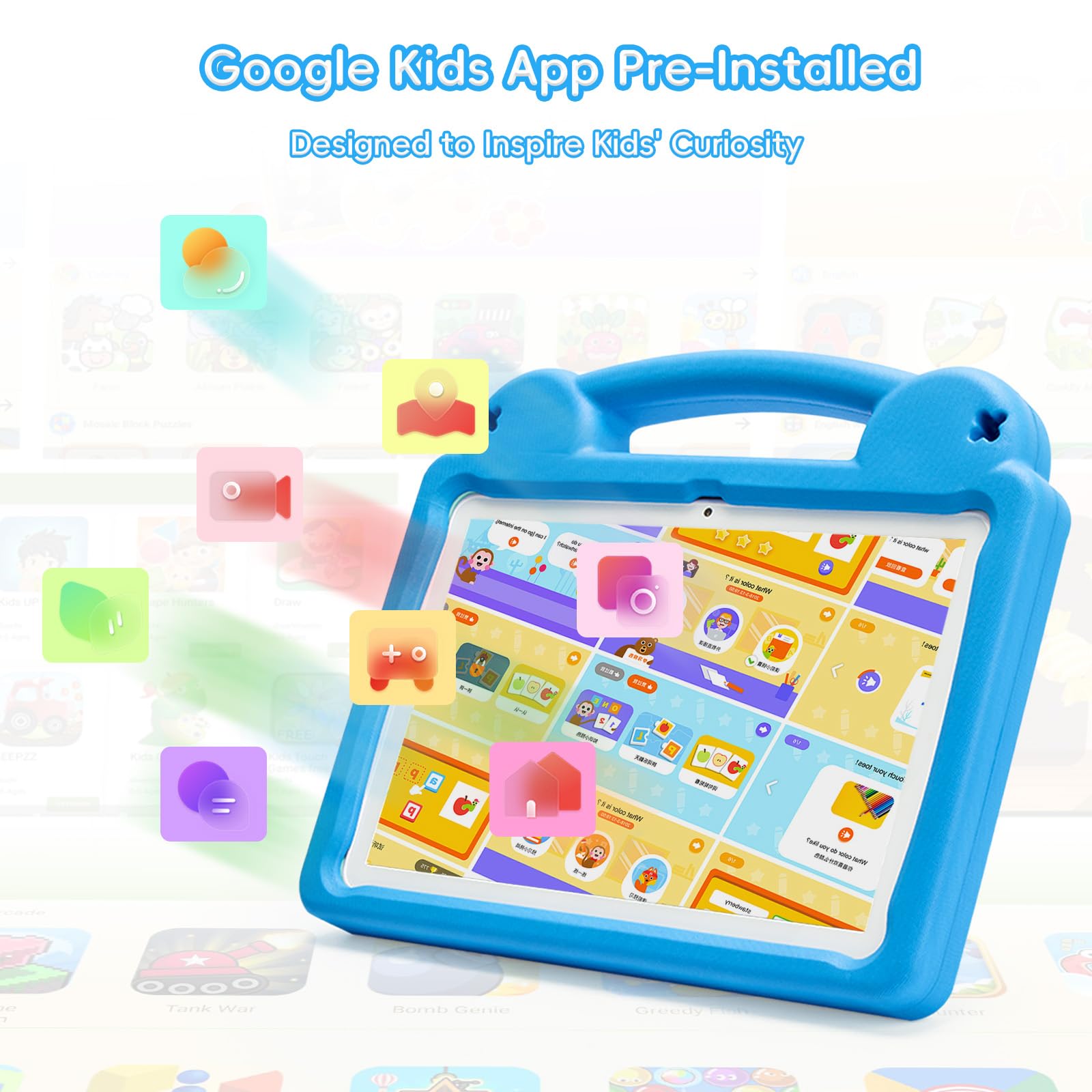 Tablet per bambini da 10,1 pollici, Android 15, con Octa-Core A523, 8 GB+64 GB, batteria 5000 mAh, Wi-Fi 6, controllo genitori, certificato GMS, con custodia in EVA blu