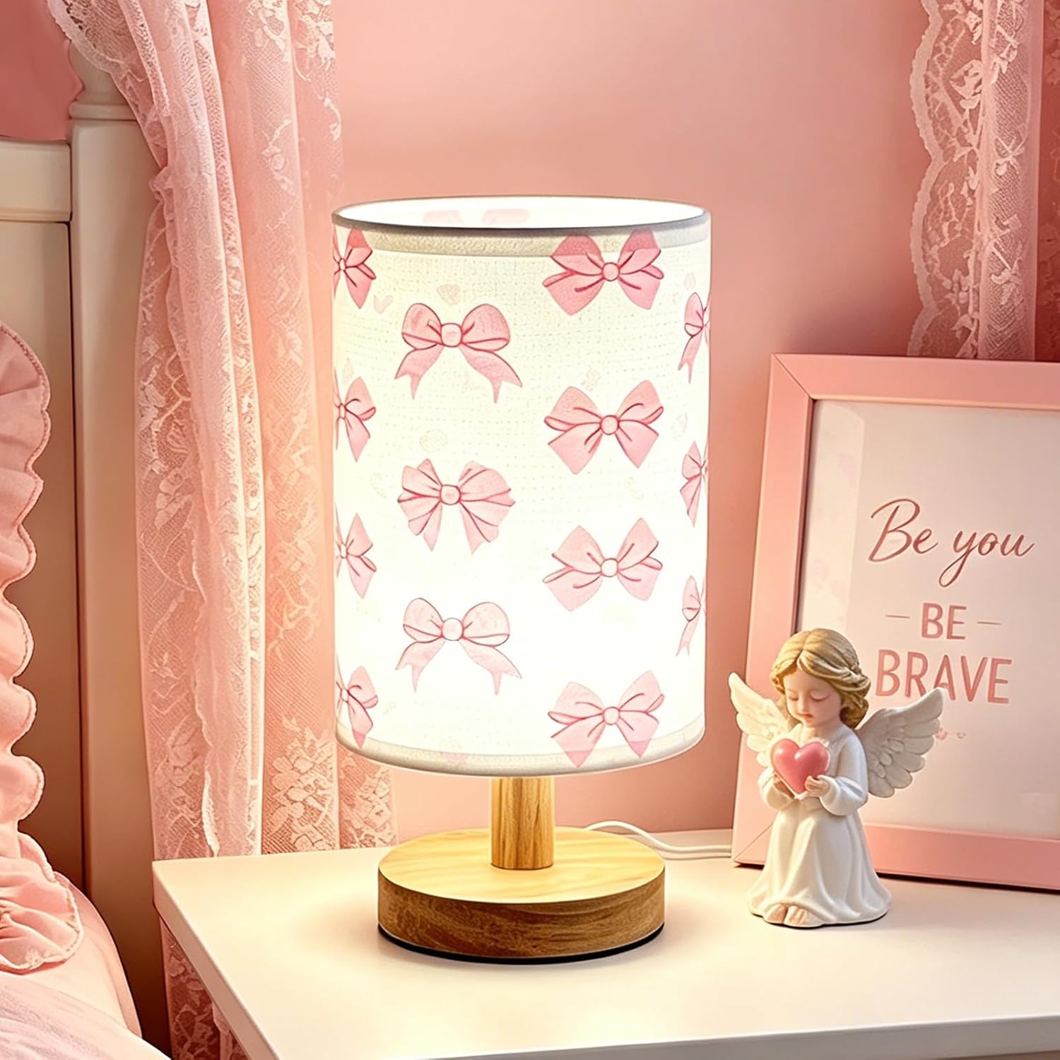 Pink Bow Kids Table Lamp,Night Light for Girls Bedrooms Bedside,3-Color Adjustable Dimming Reading Light with Linen Fabric Lampshade and Wood Base for Living Bedroom Child Room Study Home Decor