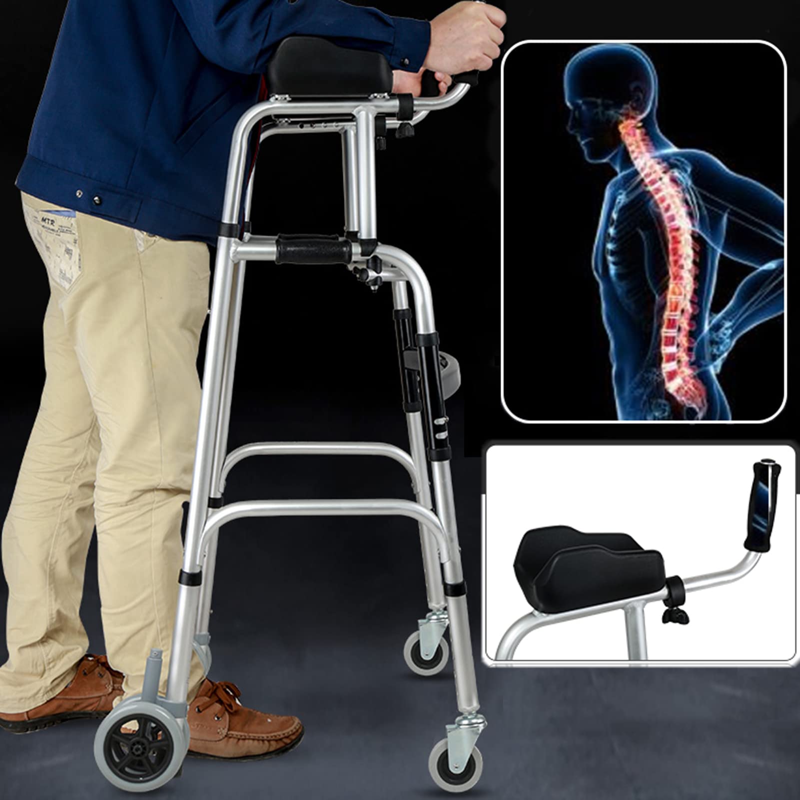 HMTE Andador con Andador Vertical de 4 Ruedas para Ancianos Aleación de Aluminio Ligero y Plegable para Ancianos y discapacitados