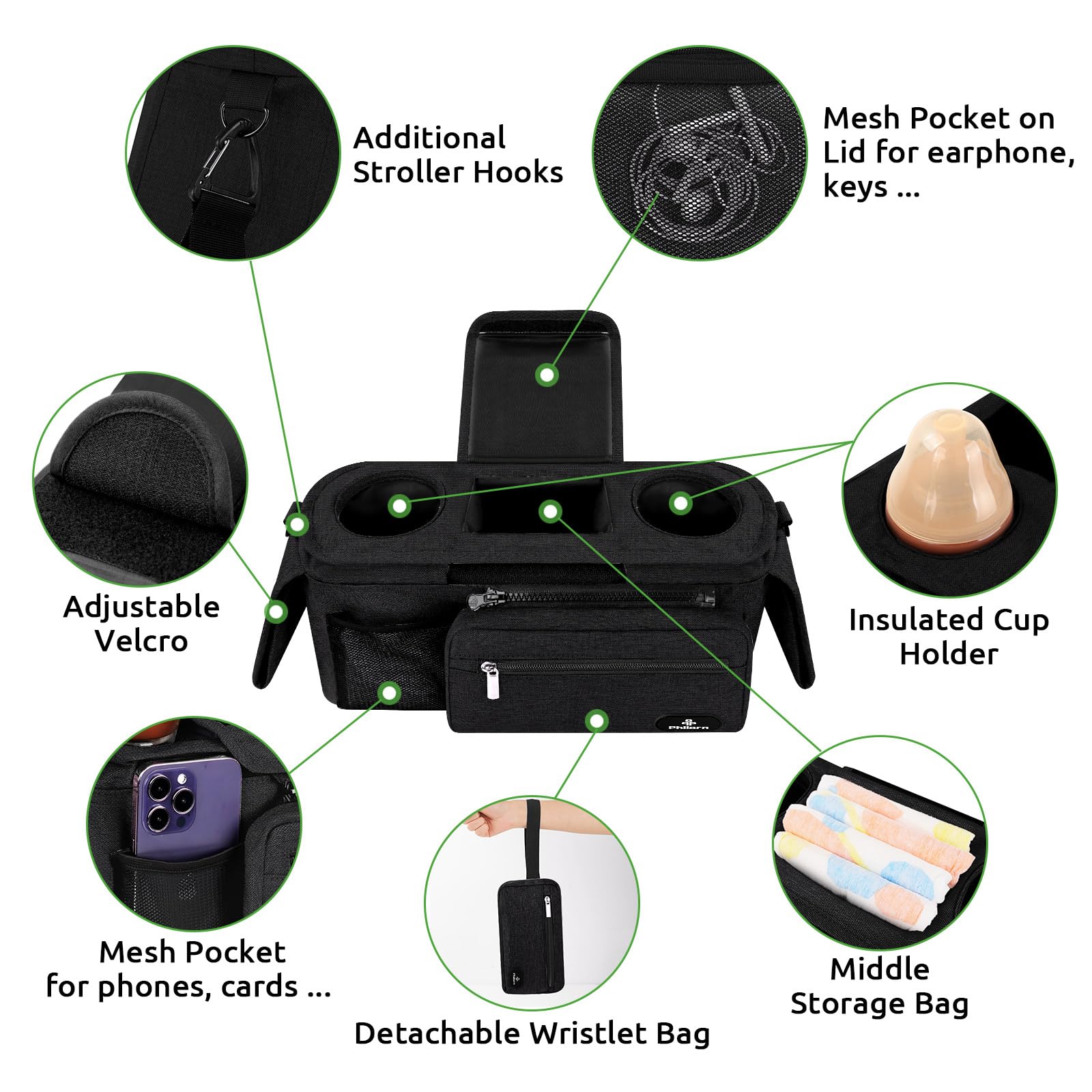 Philorn Baby Pram Bag with Insulated Cup Holder, Buggy Organiser for Baby Essentials Fits Universal Strollers Like Joie - Image 3