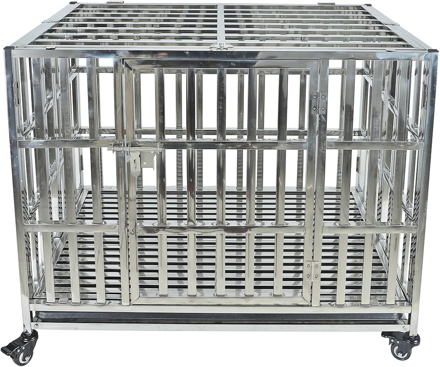 37 Inch Heavy Duty Dog Crates for Meduim Dogs, Stainless Steel Indestructible Small Dog Kennel Indoor, Puppy Dog Cage with Lockable Rolling Wheels, Double Door and Removable Tray (Stackable)