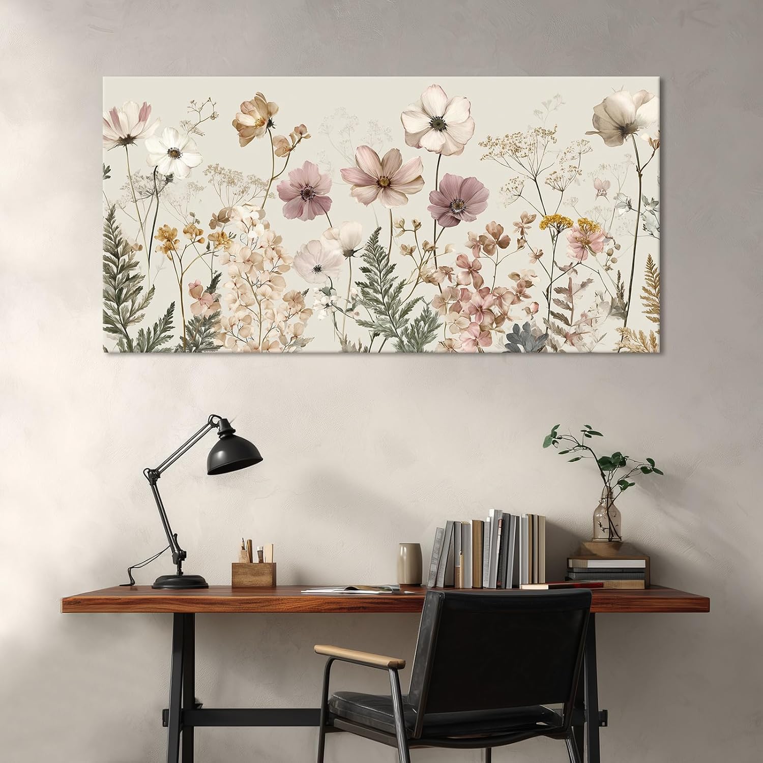 BewDalky Vintage Wildflower Canvas Wall Art Rustic Farmhouse Botanical Floral Landscape Painting Beige Pink Watercolor Meadow Flower Artwork Prints for Bedroom Living Room Aesthetic Home Decor 20"x40"