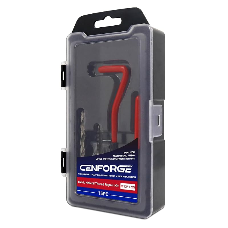 Kit de Reparo de Rosca M12 × 1,25 Helicoil CENFORGE com Broca HSS, Insertos de Aço Inoxidável 304 e Estojo, 15 peças