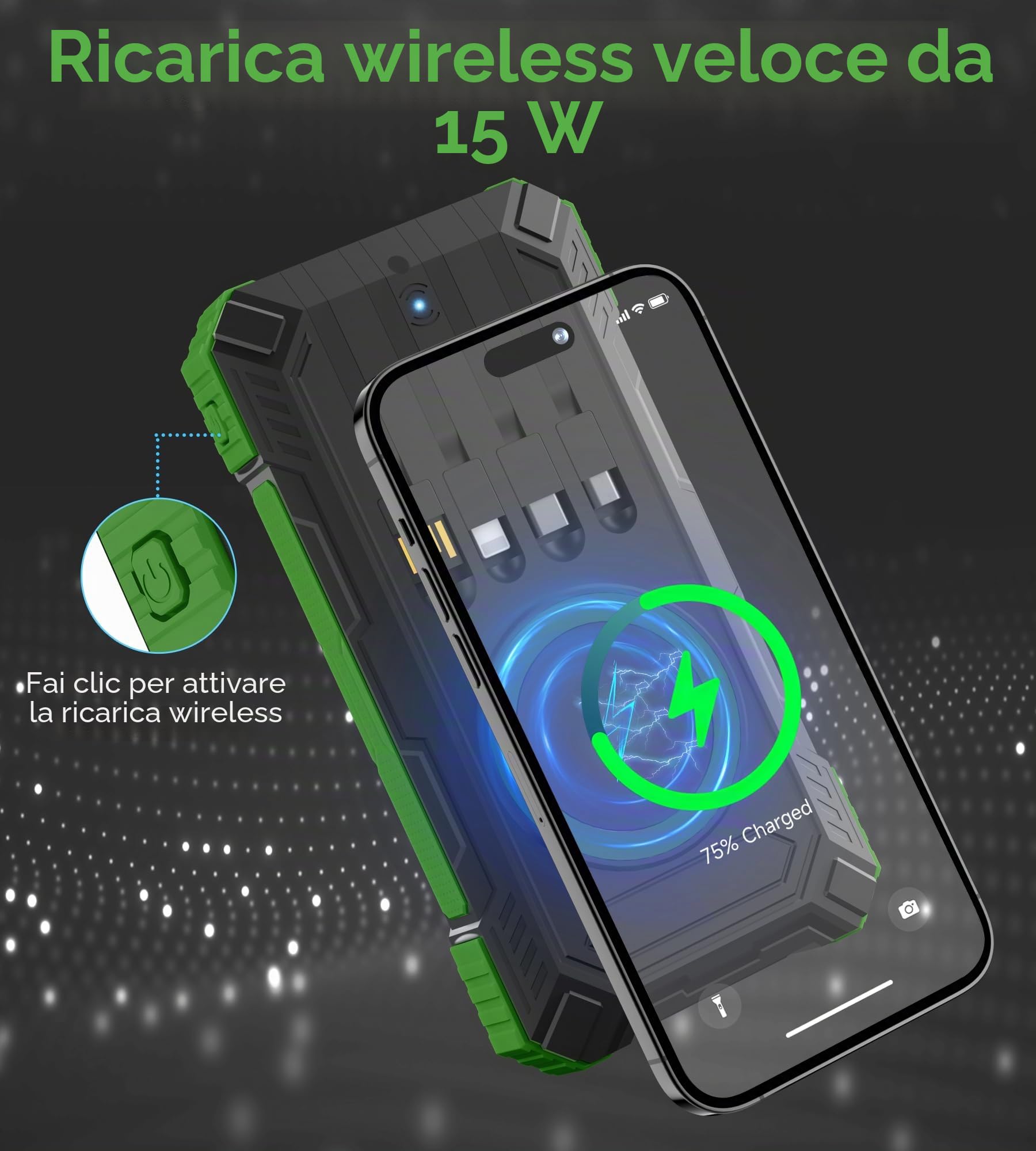 56800mAh Power Bank Solare Wireless, 30W Power Bank Ricarica Rapida, Caricatore Portatile con 4 Cavi Integrati, 6 Uscite, Torcia, Powerbank per Campeggio, Outdoor, Cellulare, Tablet (Verde)