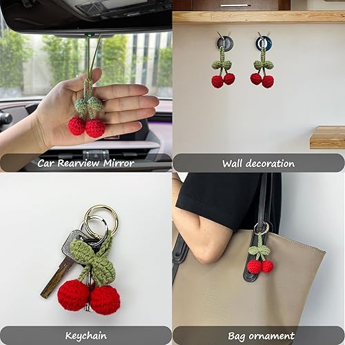 Miniatura 4 de 2 Pieces Handmade Cherry Decor Car Mirror Hanging Accessories Cherry Keychain Adorable Cherries Lover
