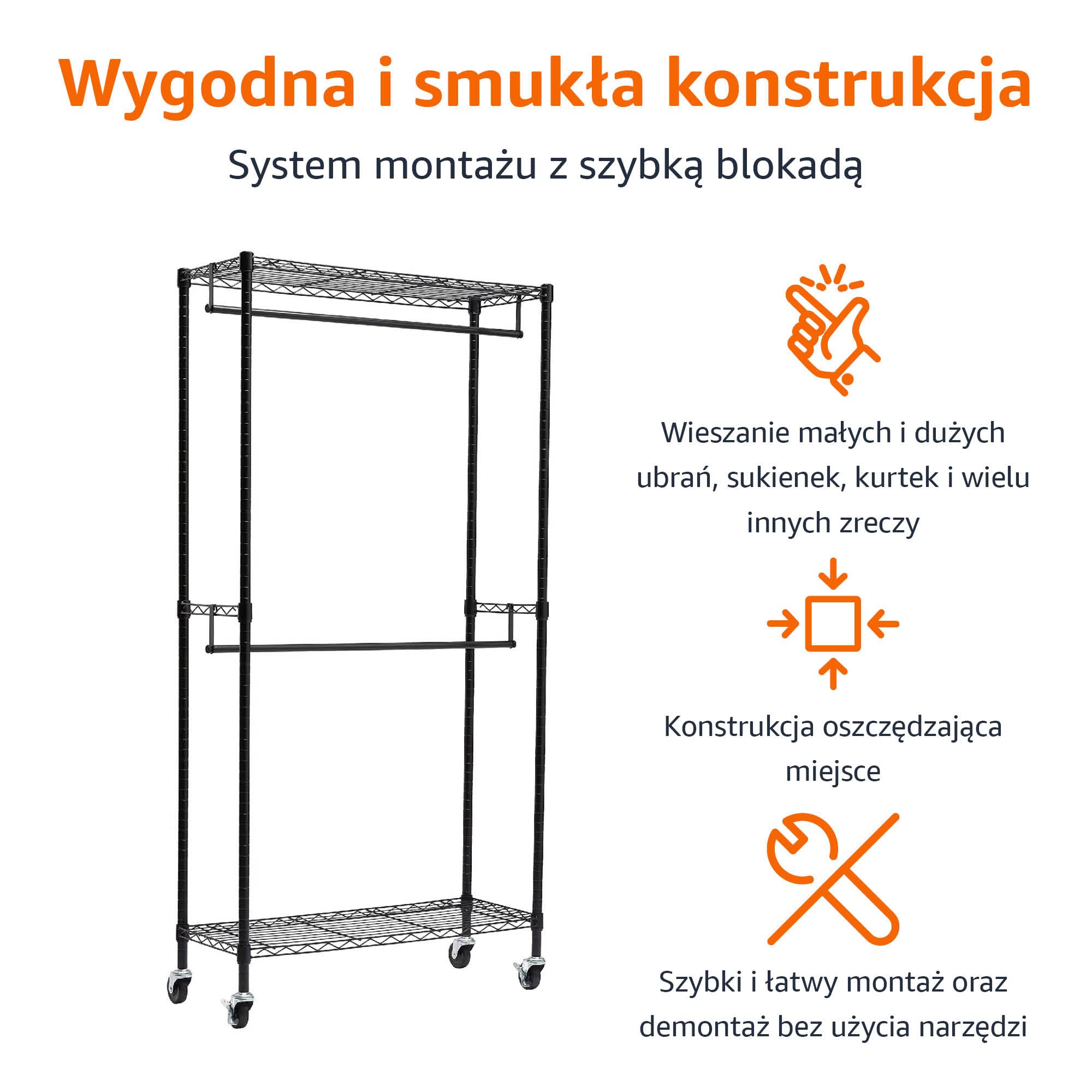 Amazon Basics Regulowany wieszak na ubrania z dwoma drążkami, stojak, organizer na kółkach, czarny, 91 x 35,5 x 183 cm