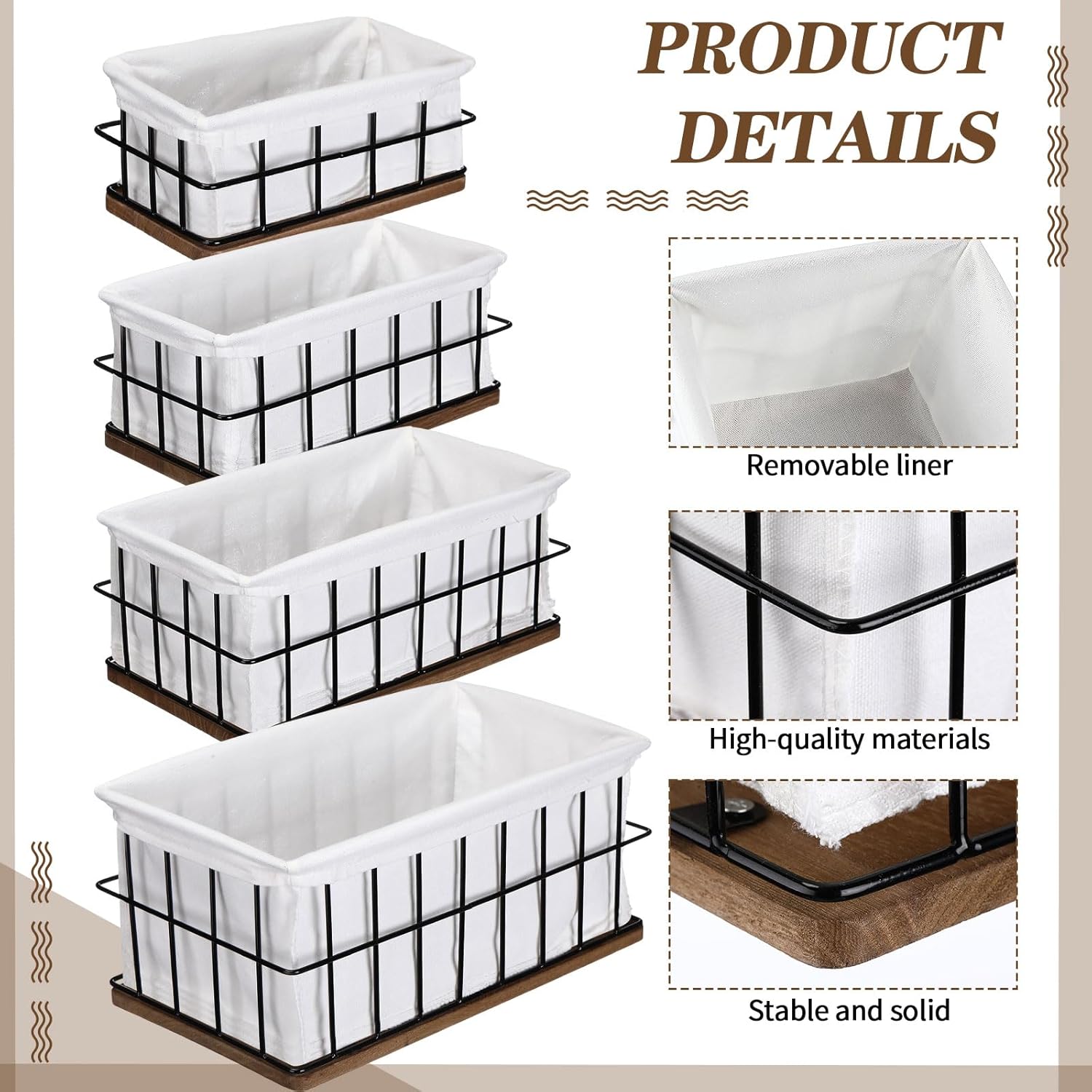 4 Pack Metal Basket with Liner Wooden Bottom Bathroom Baskets Organizer Multiple Sizes Wire Storage Rustic Farmhouse Decor for Home Kitchen Toilet Cabinets Pantry Laundry Room